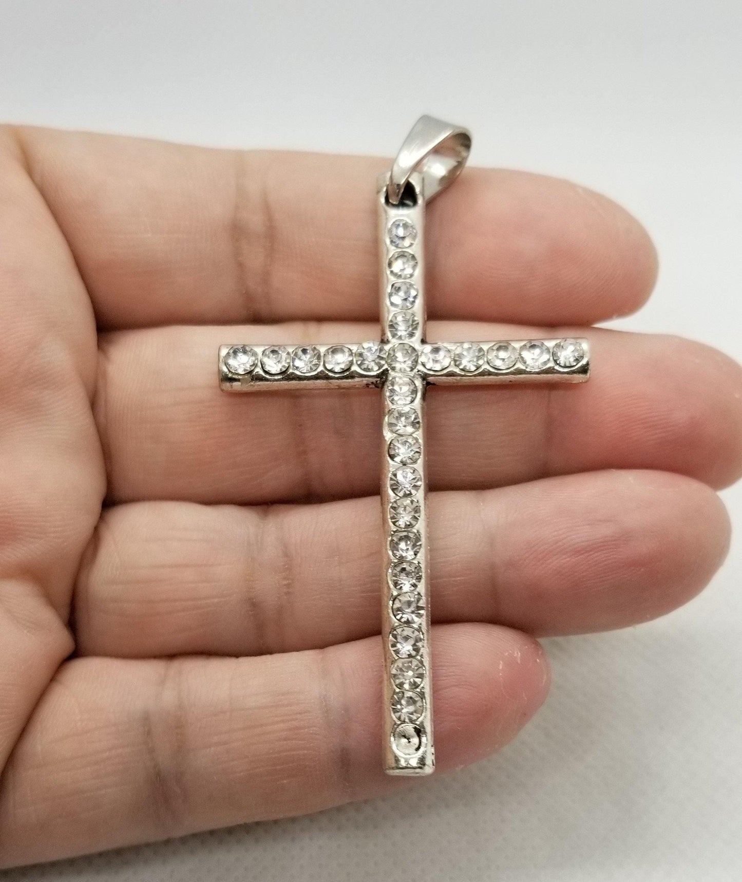 2 pieces Extra Large Silver Cross with Rhinestones, Simple Rhinestone Cross, Big Cross Pendants, Crystal, 75x54x8mm, Hole: 3mm