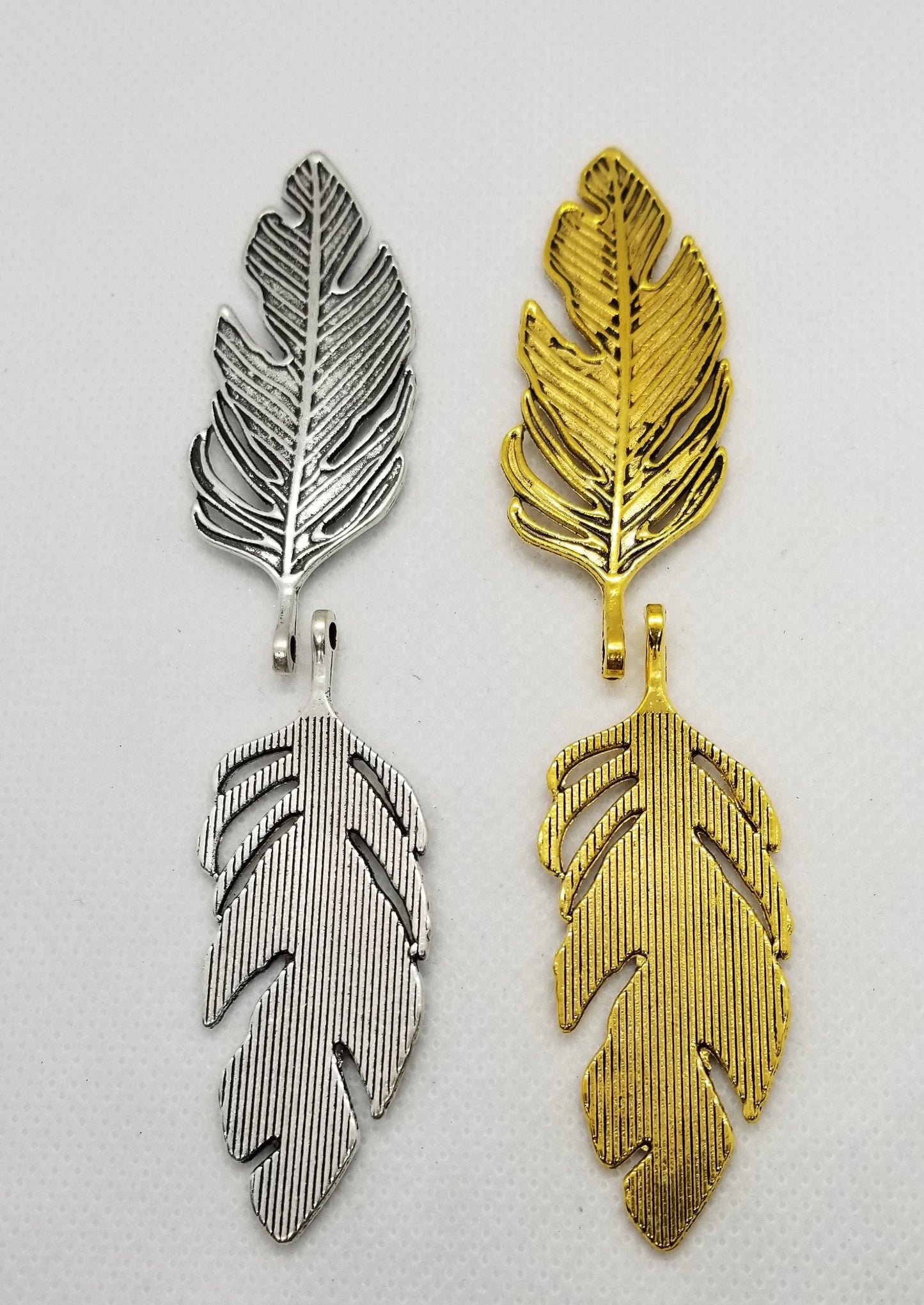 5 pcs Large Feather Pendant, Antique Silver or Gold, Lead, Nickel, Cadmium free, 62x23x2mm, hole 2mm