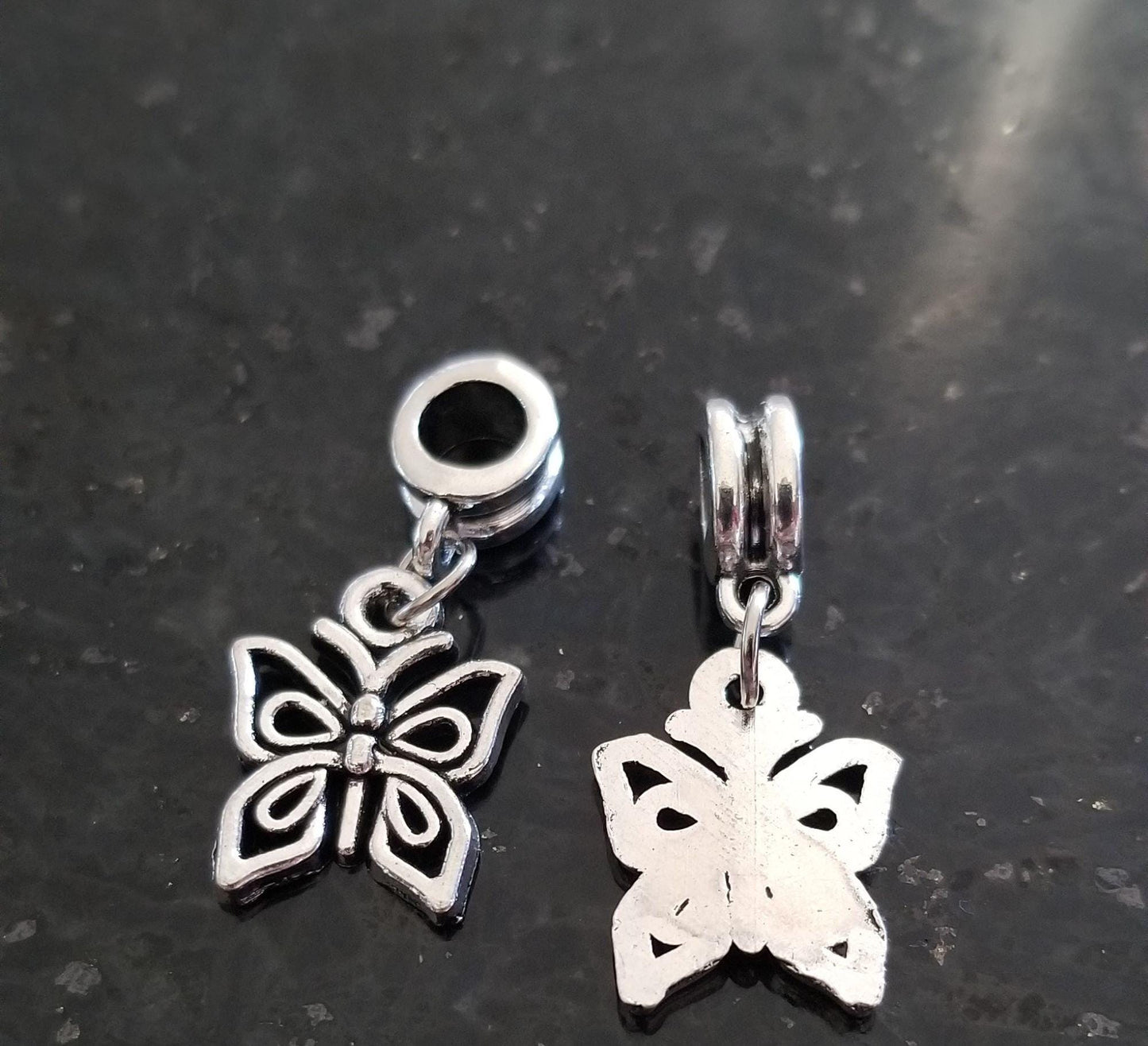 5 pieces Silver filigree butterfly dangle charm, Tibetan style Antique silver, bracelet charm, large hole charm, 27x15mm, Hole 5mm