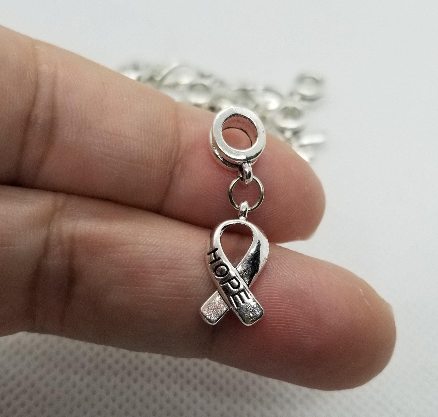 5 pieces Hope Ribbon, Awareness Ribbon, Large Hole, Tibetan style Dangle Charm, Antique Silver, 30mm, Hole 5mm, Breast Cancer