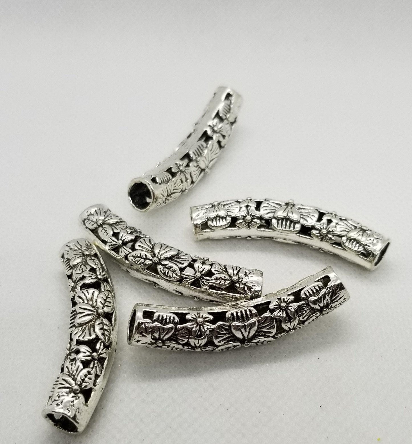 2 pieces Silver Curved Tube Beads, Open Metalwork, Curved Column with Flowers, Cadmium & Lead Free, 48x9x10mm, Large Hole 6.5mm