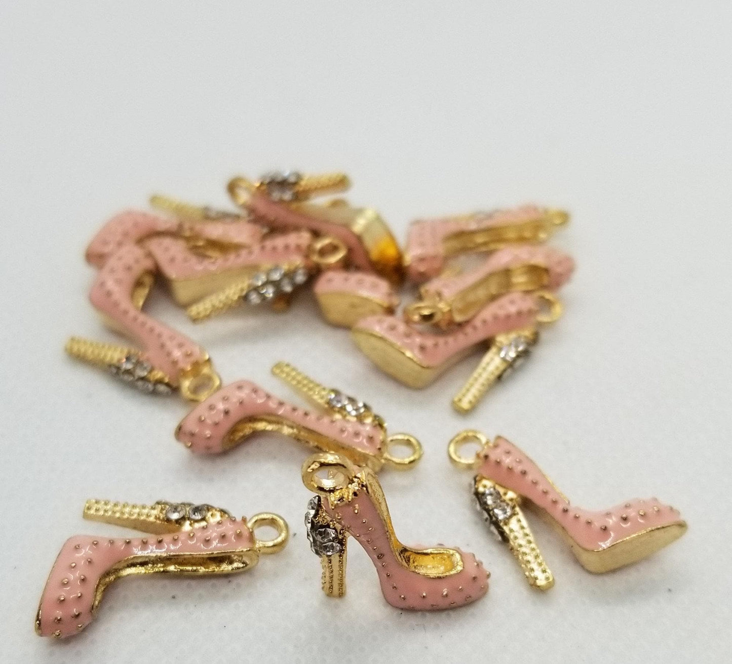 5 pcs Pink High Heel Shoe Charm Pendant, Enamel Pendant, Cadmium Lead Free, Rhinestones, Light Gold, Pink, 17.5x14x6mm, Hole 2mm