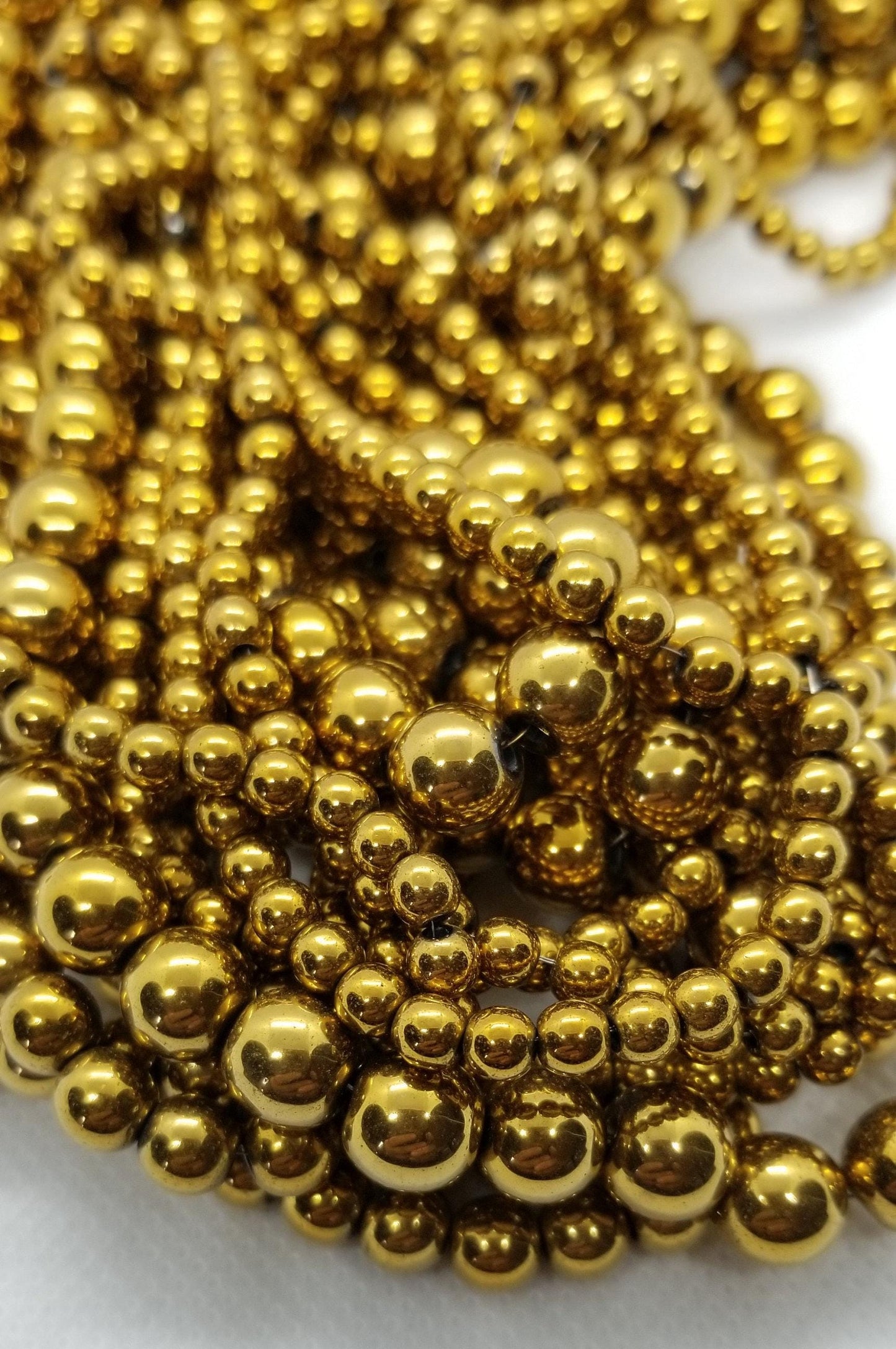 1 strand Round Gold Hematite Beads, Grade A, Non-magnetic Synthetic Round, Golden Plated, 4-6-8mm, Hole 1mm, Full Strand, bead count in desc