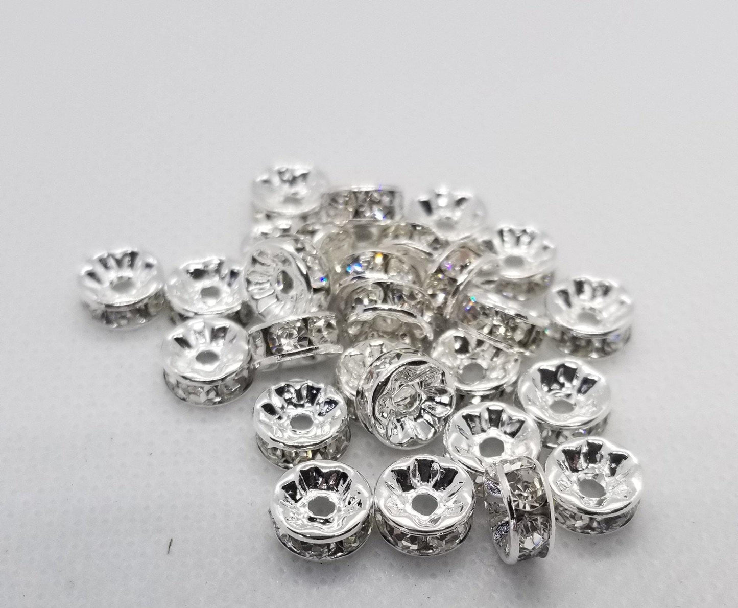 10 pieces Bright Silver Rhinestone Spacers, Nickel Free, Clear Crystal, 8x3.8mm, Hole 1.5mm, Platinum color