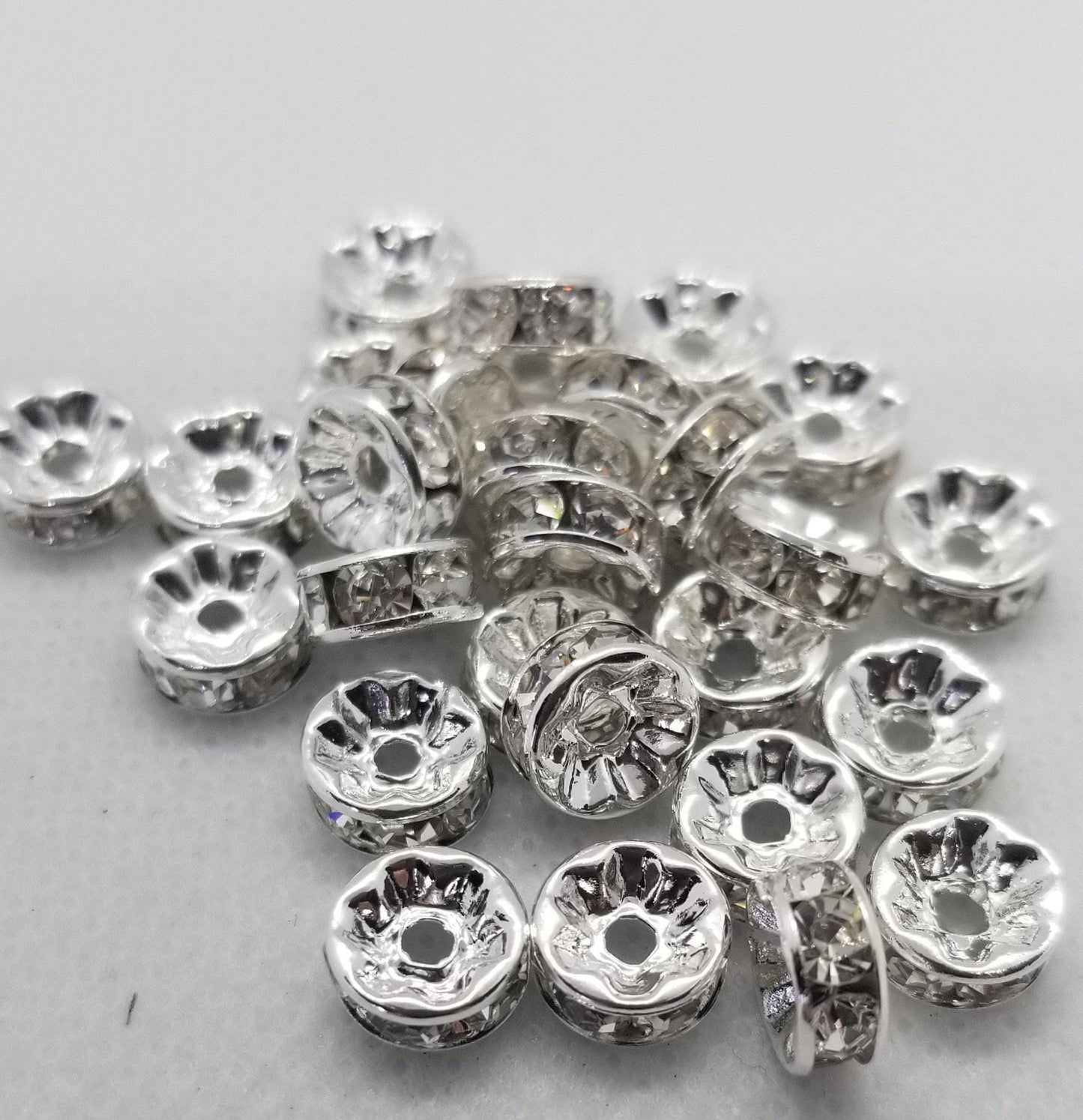 10 pieces Bright Silver Rhinestone Spacers, Nickel Free, Clear Crystal, 8x3.8mm, Hole 1.5mm, Platinum color