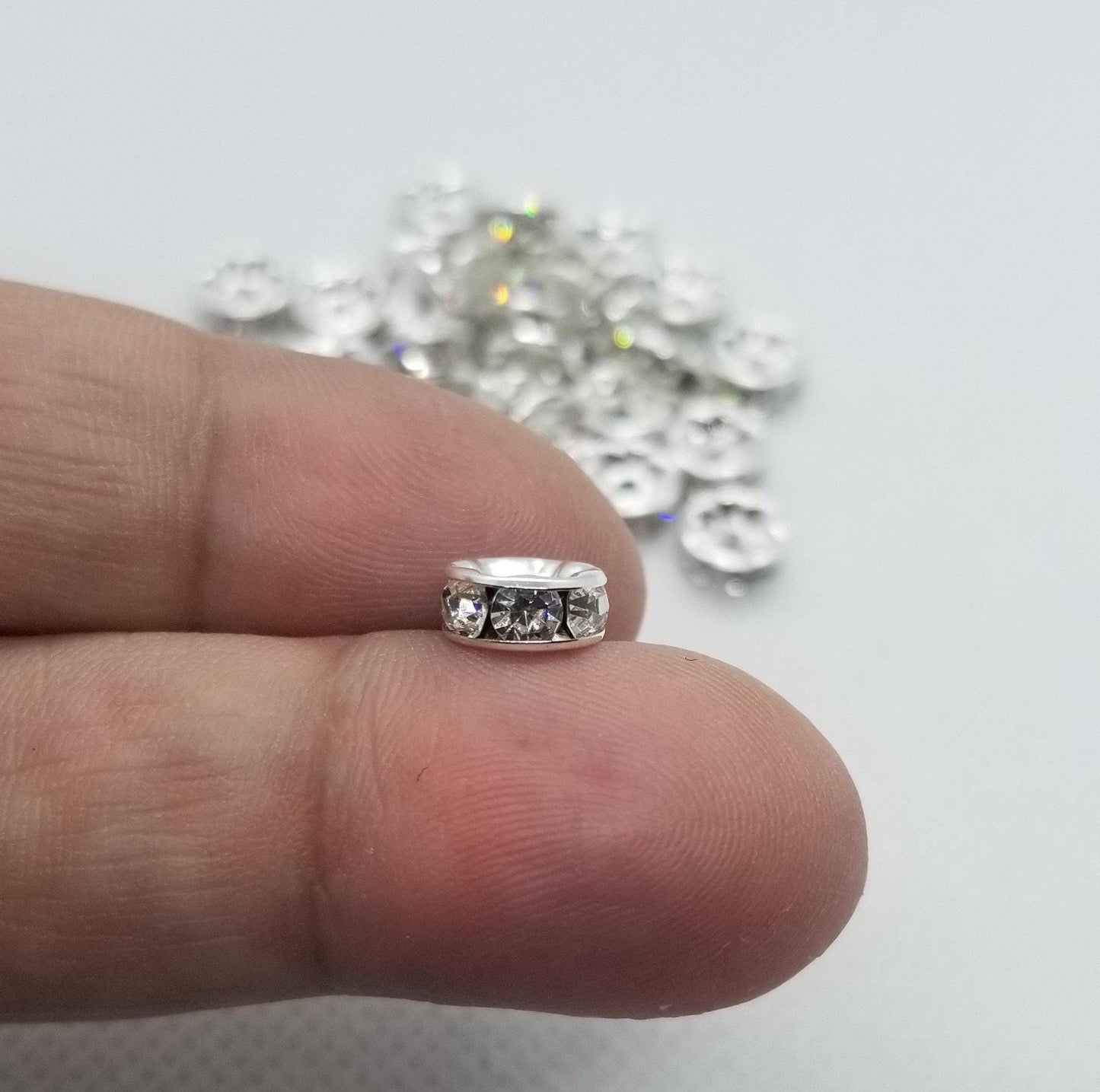 10 pieces Bright Silver Rhinestone Spacers, Nickel Free, Clear Crystal, 8x3.8mm, Hole 1.5mm, Platinum color