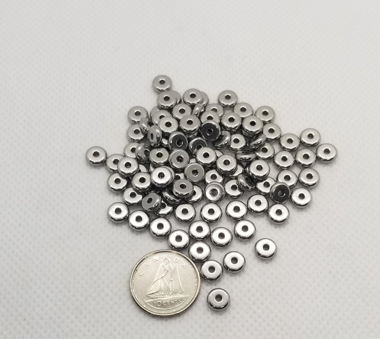 10 pcs Stainless Steel Heishi Disc Spacer Beads, 304 Stainless Steel, Rondelle, Dark Silver Color, Stainless Steel Colour, 6x2mm, Hole 1.6mm
