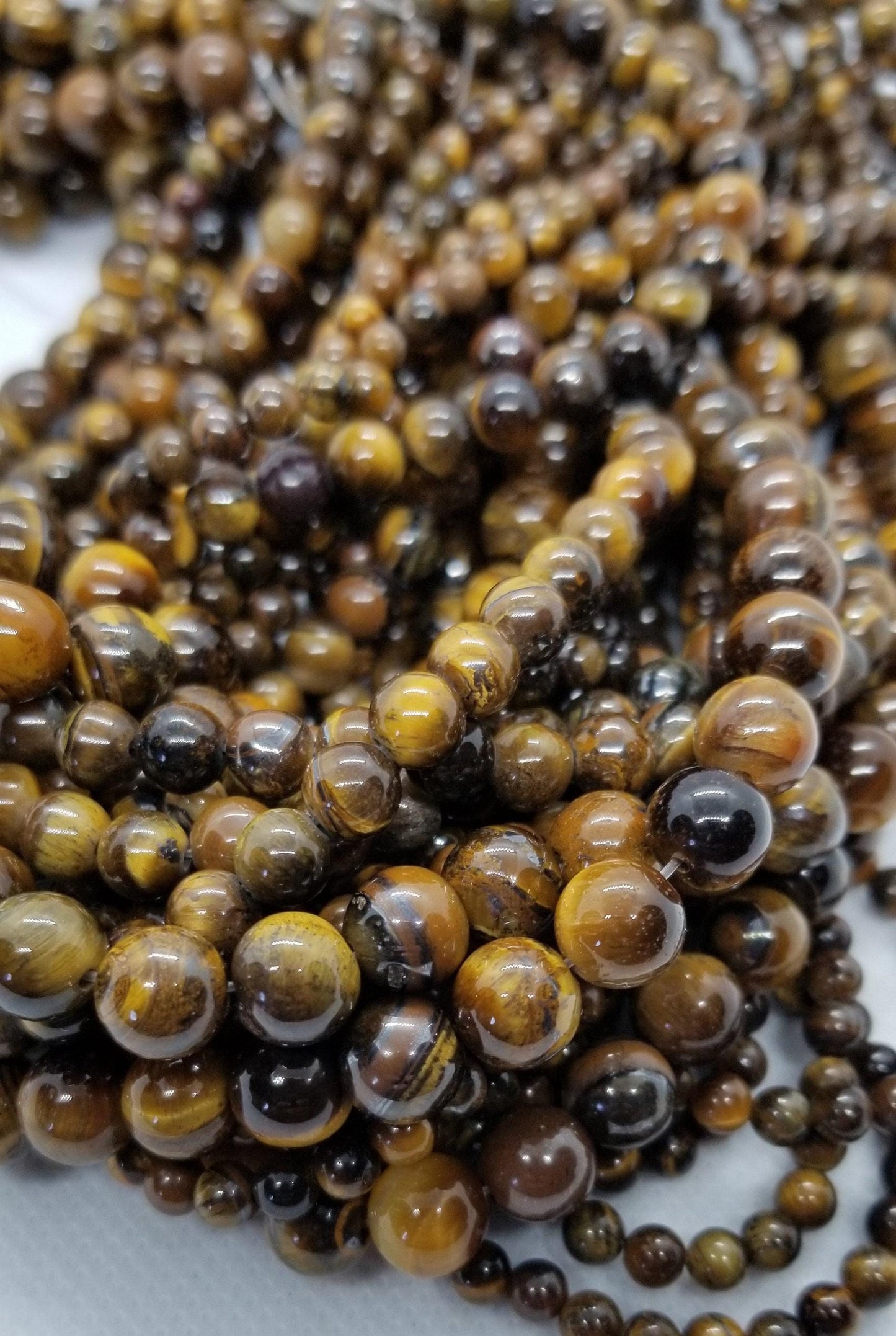 1 Strand Natural Polished Tiger Eye, Round, 4mm, 6mm, 8mm, Hole 1mm, Full 15'" Strand, Bead Count in description