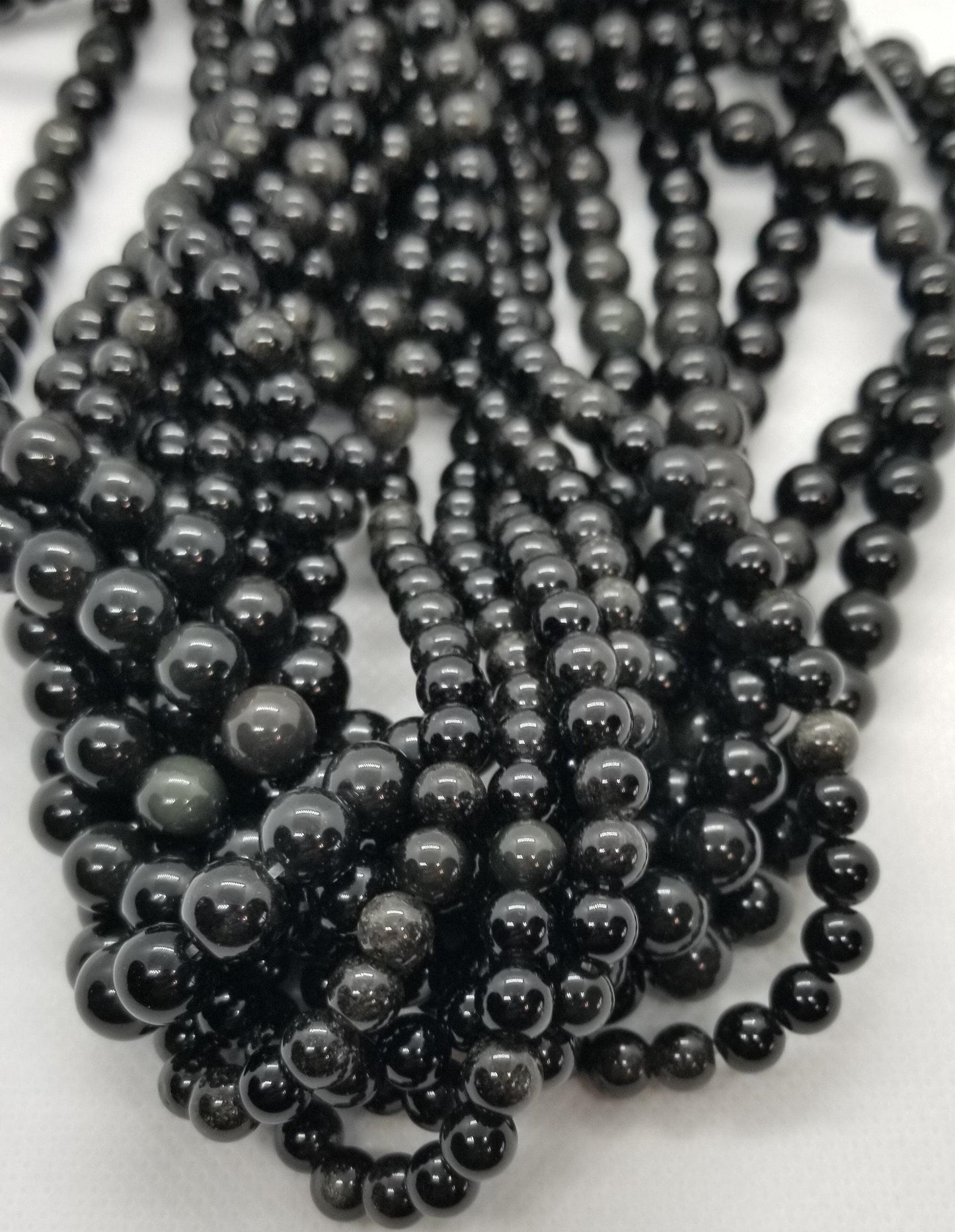 Natural Black Obsidian Beads, Round, Polished, 1 strand, 4, 6, 8, 10mm, Hole 1mm; Full Strand, See description for more