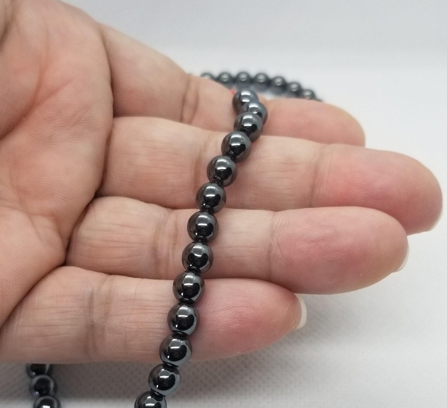 1 strand Round Hematite Beads, Synthetic, Non-Magnetic, Polished, 4mm, 6mm, 8mm, Hole 0.5-1mm, Full Strand, Bead count in description
