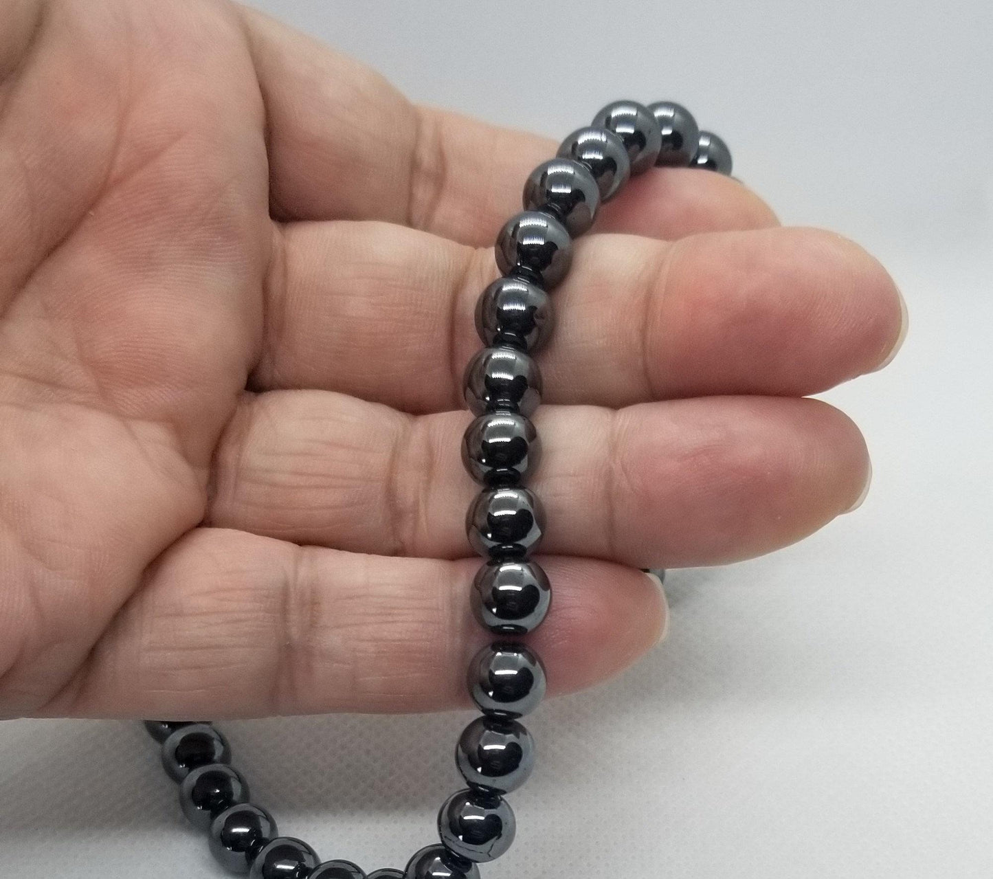 1 strand Round Hematite Beads, Synthetic, Non-Magnetic, Polished, 4mm, 6mm, 8mm, Hole 0.5-1mm, Full Strand, Bead count in description