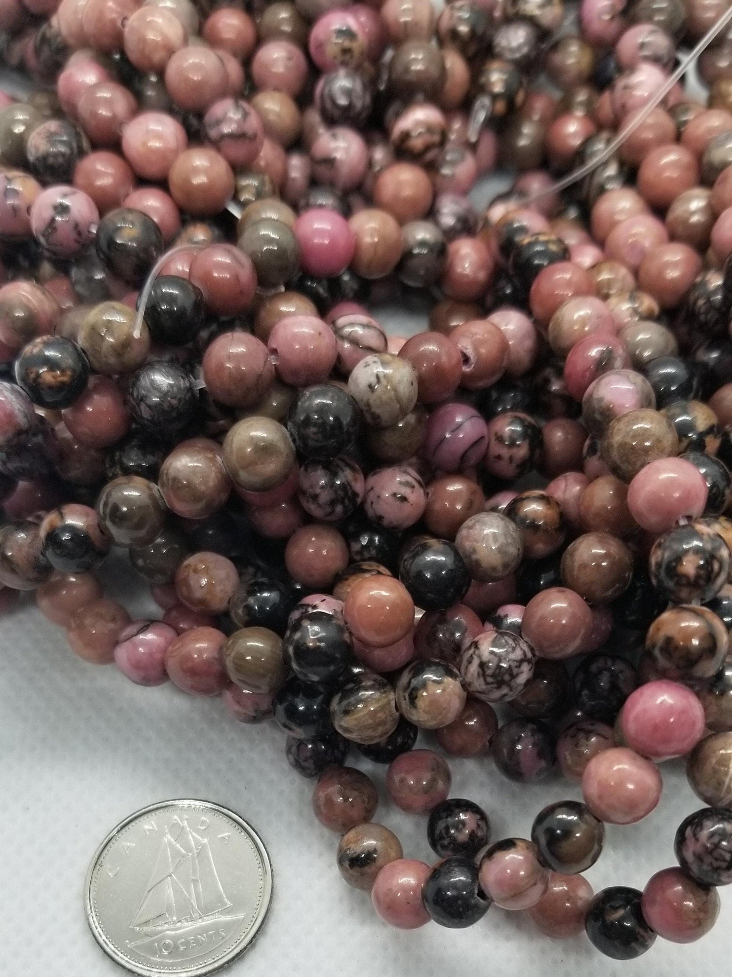 1 strand Natural Rhodonite Beads, Polished Pink and Black Strands, Round, 6~6.5mm, Hole 1mm, about 60pcs/strand, 15" Full Strand
