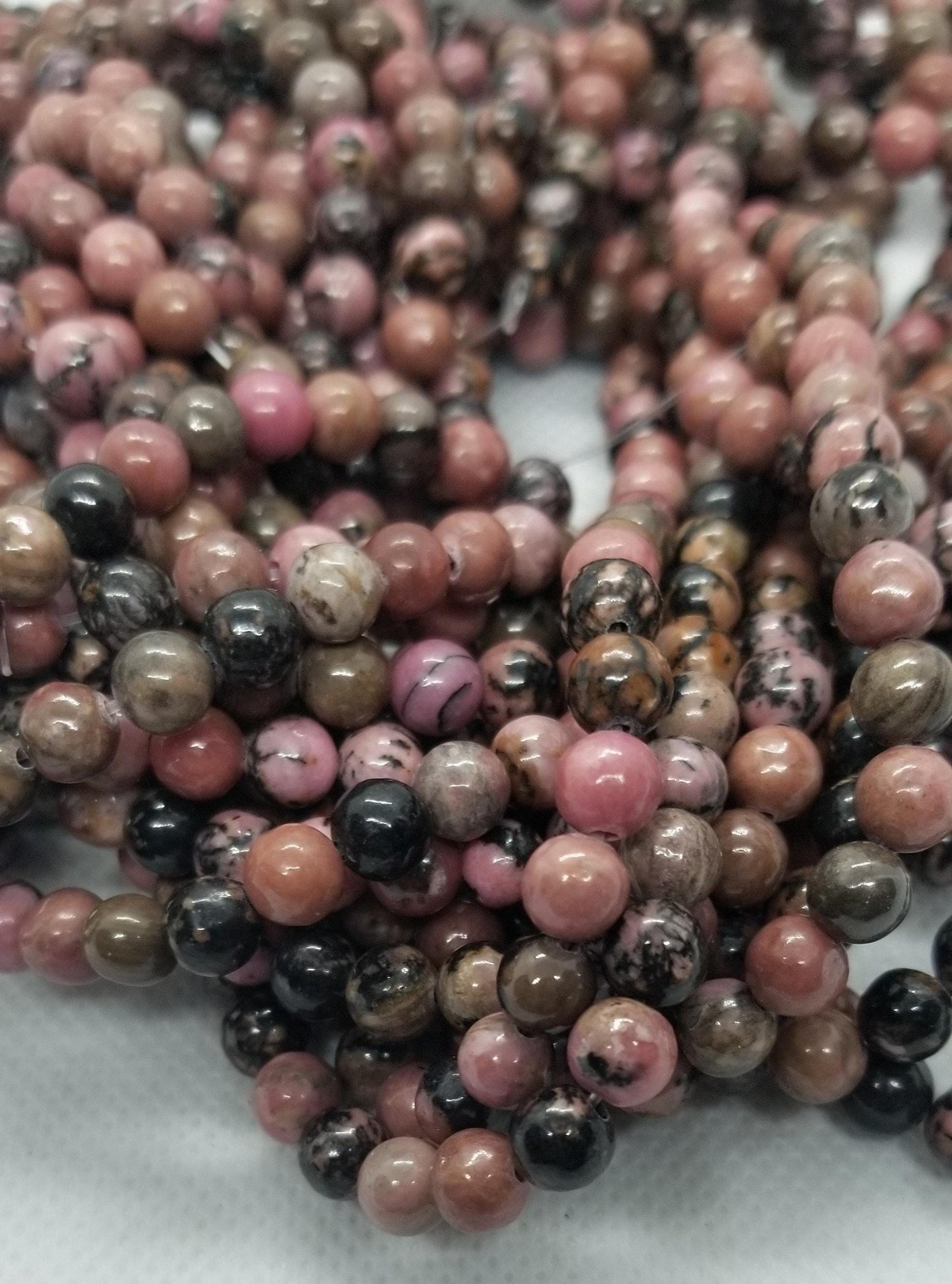 1 strand Natural Rhodonite Beads, Polished Pink and Black Strands, Round, 6~6.5mm, Hole 1mm, about 60pcs/strand, 15" Full Strand