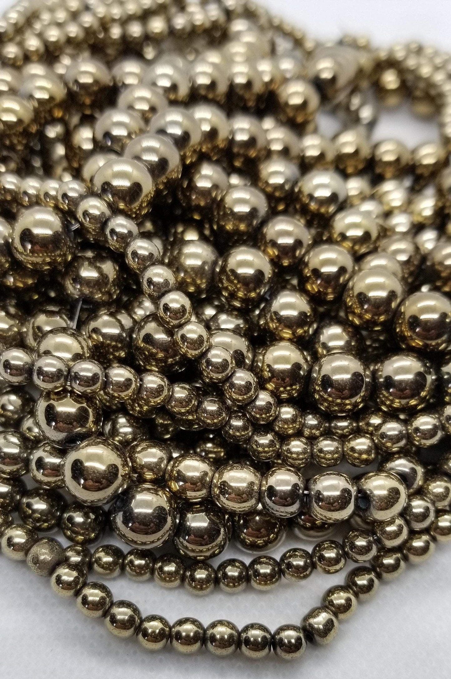 1 strand Round Gold Hematite Spacer Beads, Grade A, Non-magnetic Synthetic, Light Golden Plated, 4-6-8mm, Hole 1mm, Full Strand, see desc