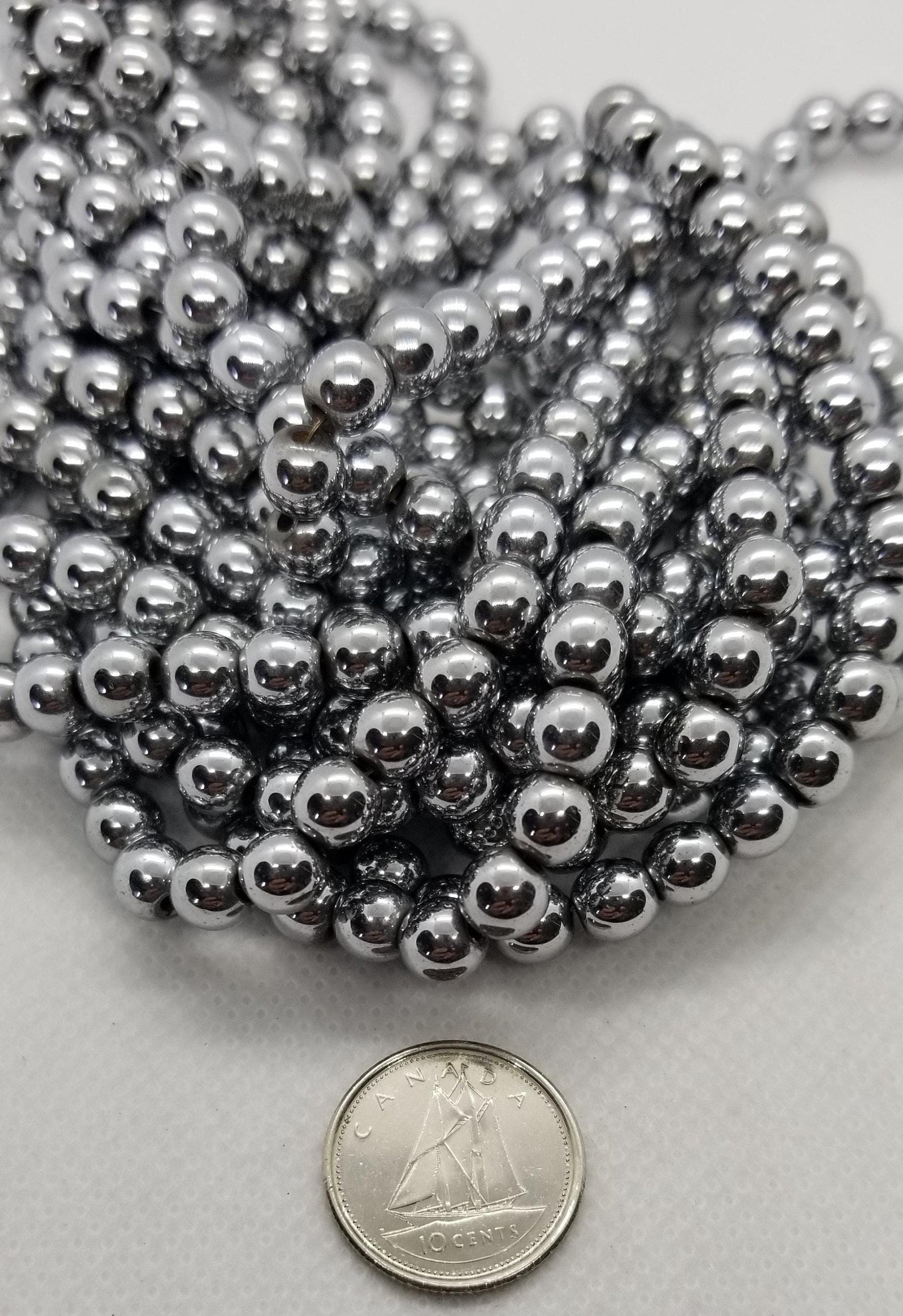 1 strand Round Platinum Hematite Spacer Beads, Grade A Non-magnetic Synthetic Plated, 4-6-8mm Hole 1mm, Full Strand bead count in desc