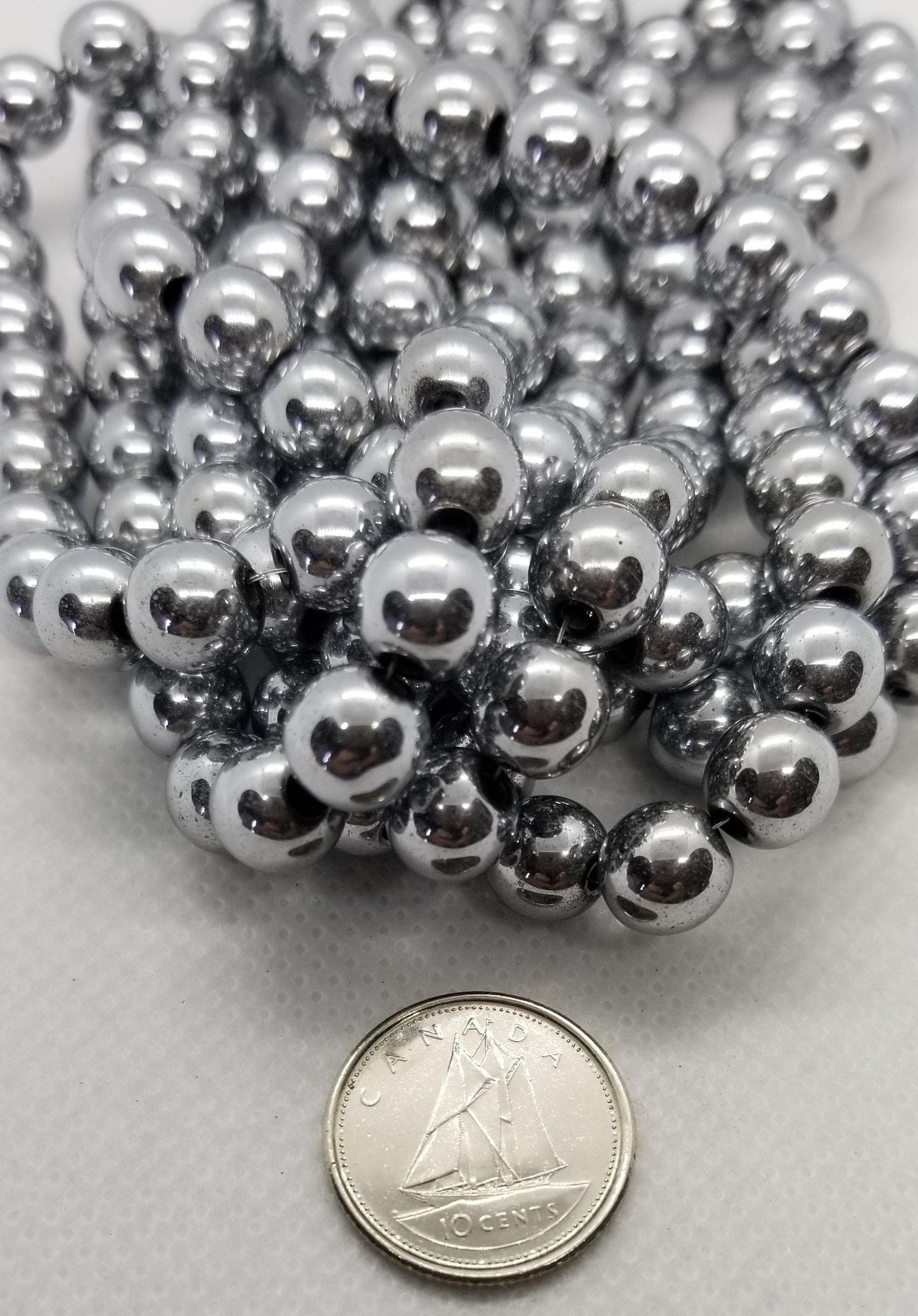 1 strand Round Platinum Hematite Spacer Beads, Grade A Non-magnetic Synthetic Plated, 4-6-8mm Hole 1mm, Full Strand bead count in desc