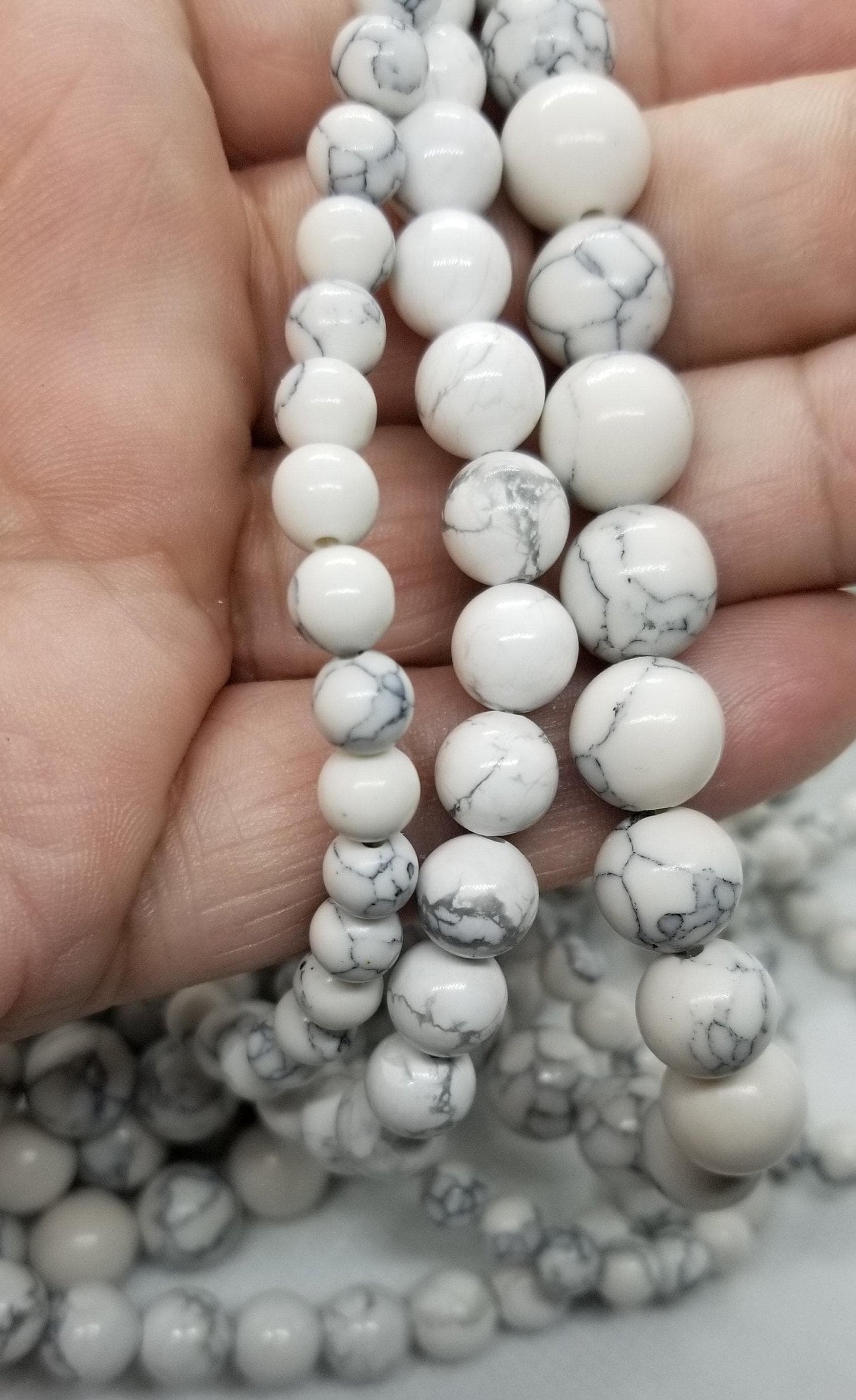 Beautiful White Howlite Beads, 1 strand, Synthetic, Round, 6-8-10mm, Full 14.5 inch strand, Bead count in description
