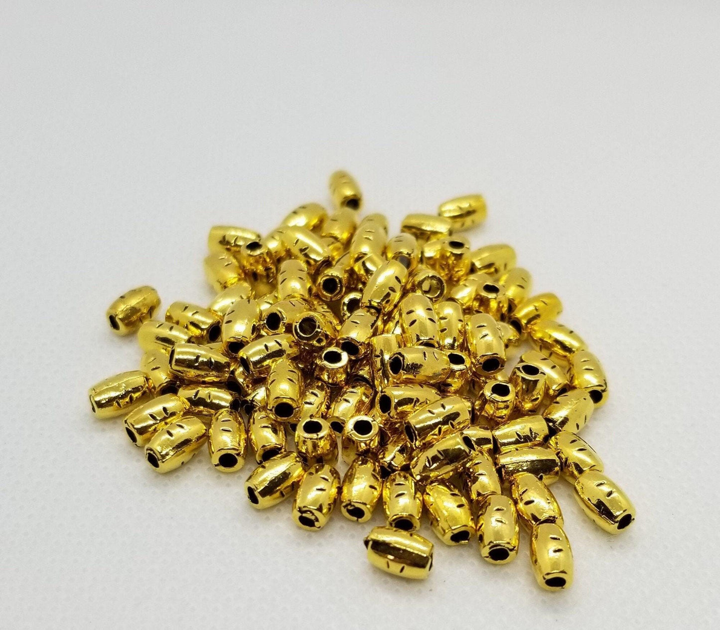 50 pieces Golden Etched Tube, Small Column, Rice Grain Shape, Lead Free, Cadmium Free, Antique Golden , 6mmx4mm, hole 2mm