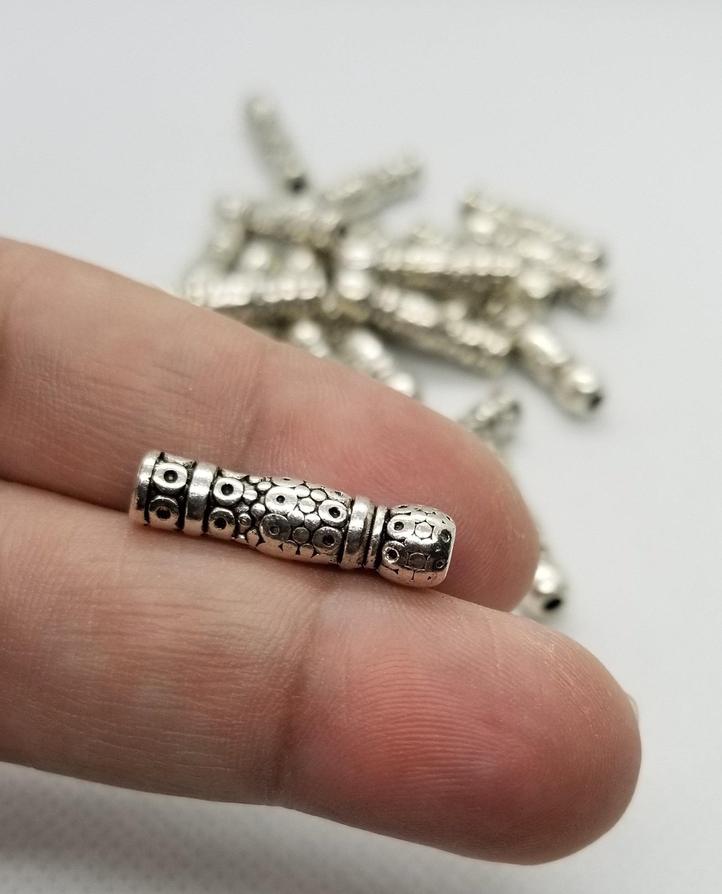 10 Pack of Etched Silver Tube Spacer Beads - Tibetan Style Alloy, Lead and Cadmium Free, Antique Silver Finish - 22.5x6mm, 3mm Hole Size