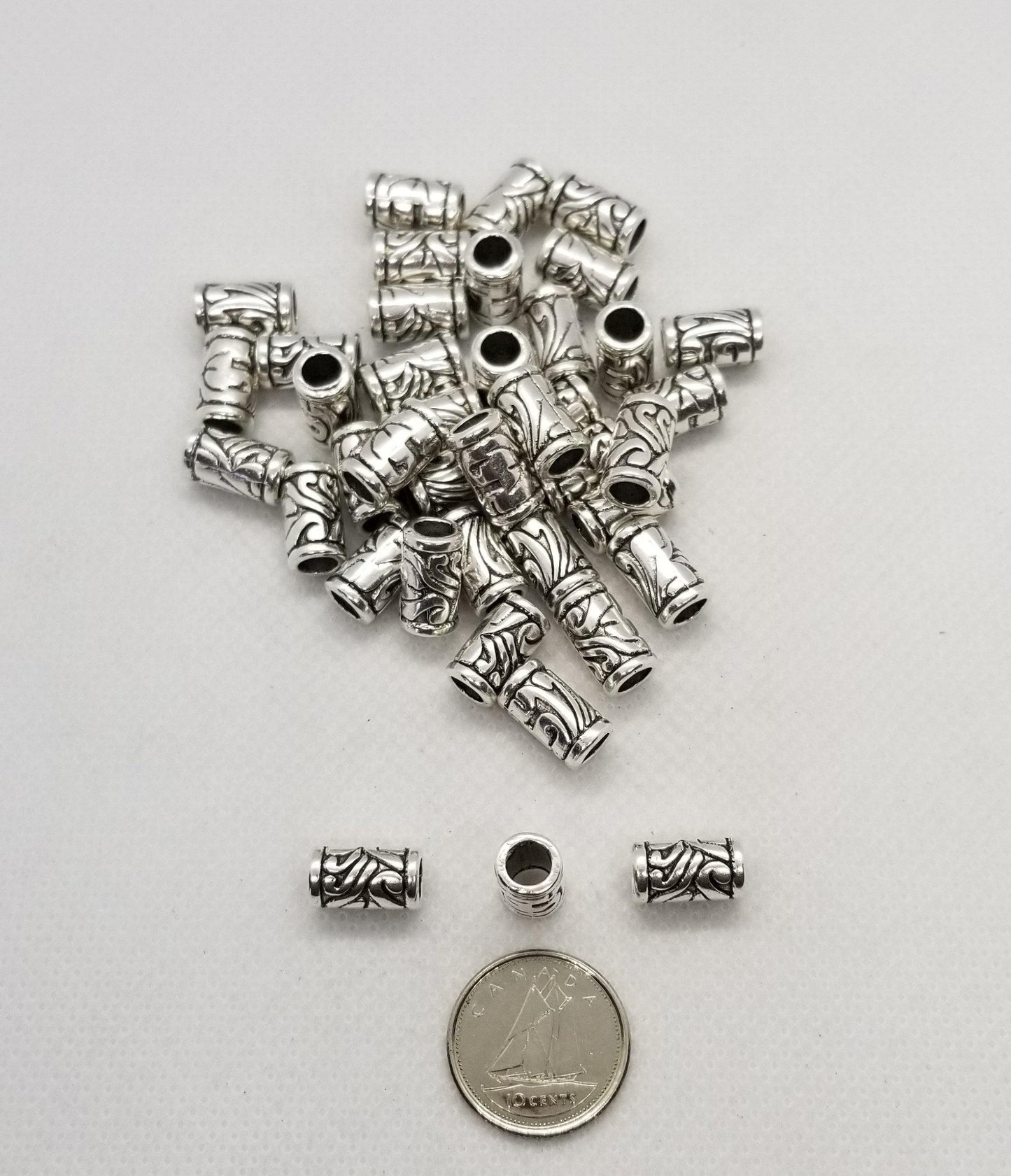 10 pieces Antique Silver Column with Flower Design, Silver Column Spacers, Cadmium, Lead Free, 11.5x7mm, Hole 4.5mm