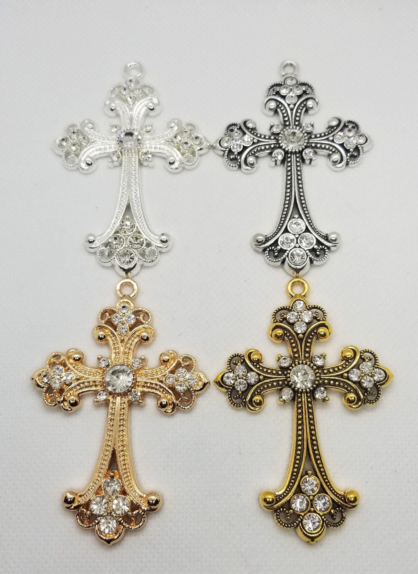 2 pcs Extra Large Rhinestone Cross, Big Pendant, Choose from Silver, Antique Silver, Gold or Antique Gold, 75x50x7mm, Hole 3.5mm