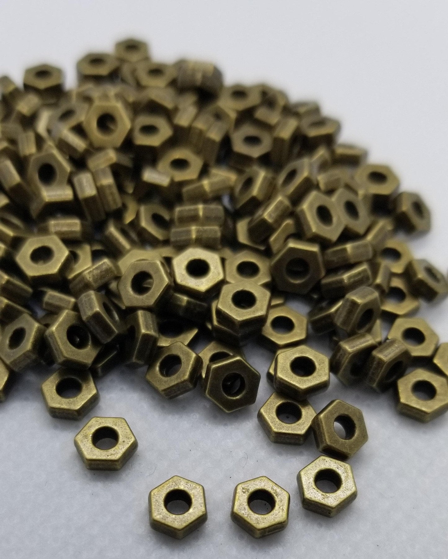 20 pcs Bronze Hexagon Spacer Beads, Tibetan Style Alloy, Lead, Nickel Free, Hexagon shape, Antique Bronze, 6x5x3mm, Hole 3mm, Steampunk Nut