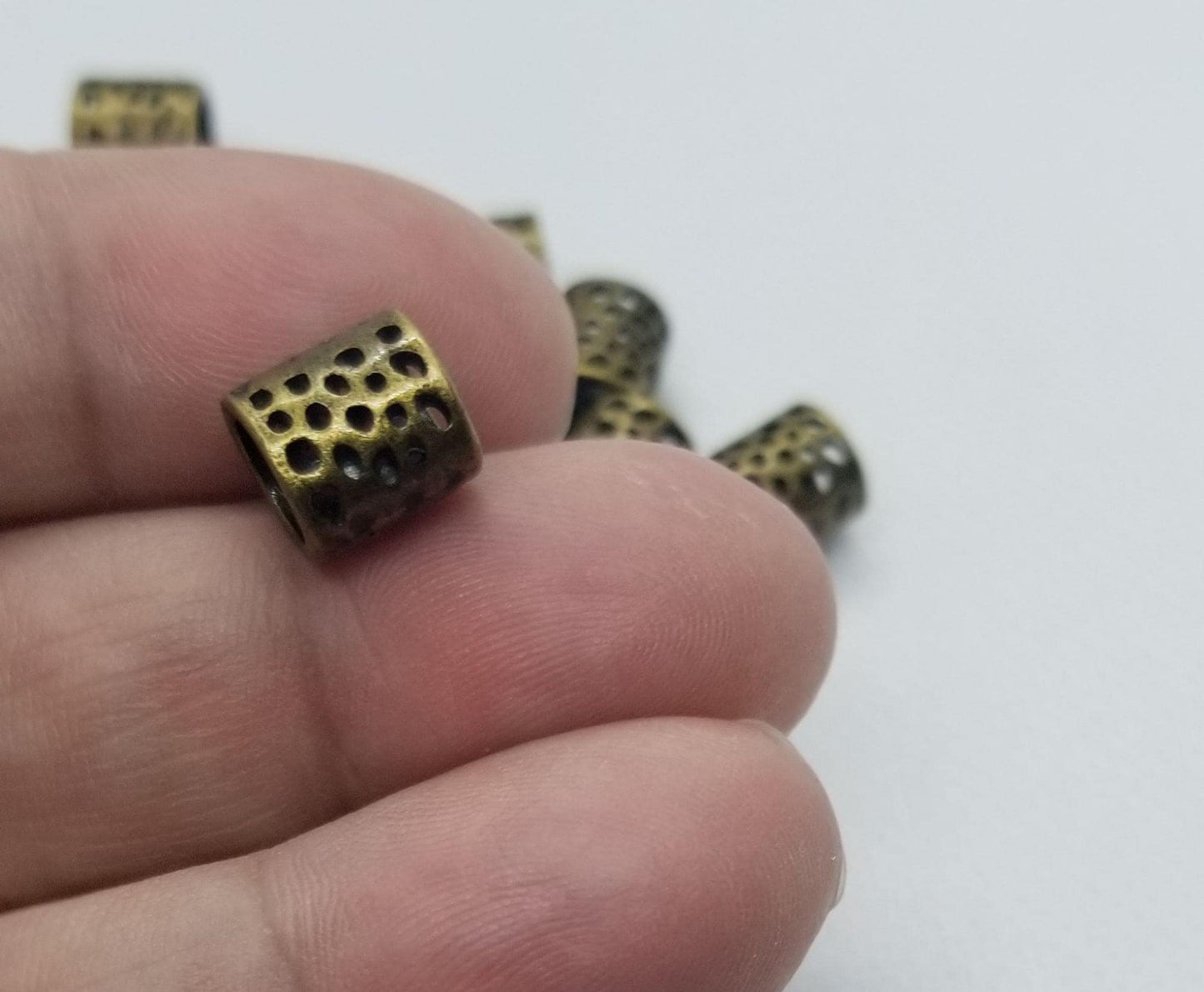 5 pcs Antique Bronze Tibetan style spacer beads, Large Hole, Lead Nickel Cadmium free, column, 9x8mm, inner diameter 5.5mm, hair beard bead