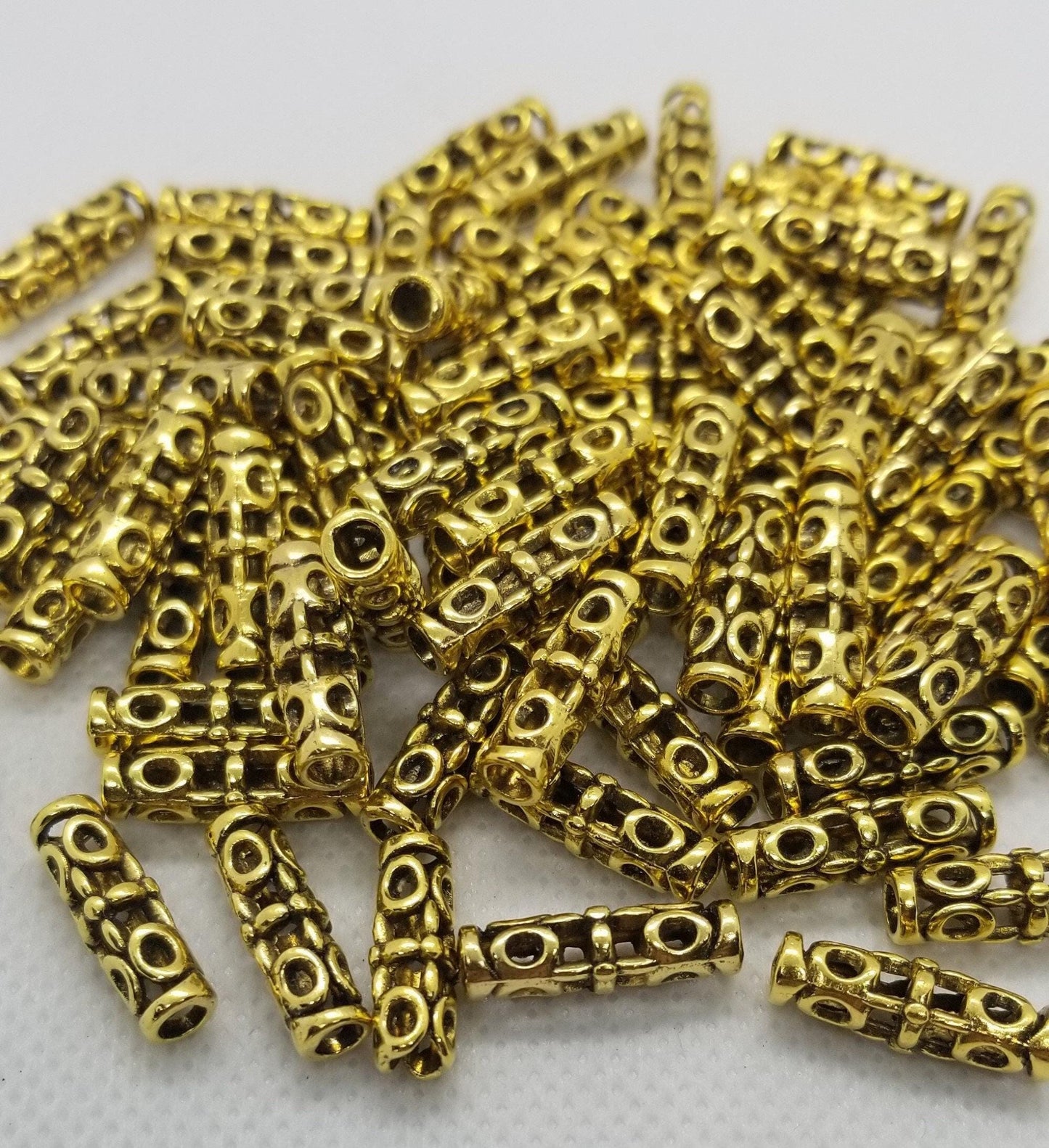 5 pcs Golden Column with Open Metalwork, Tibetan Style, Cadmium, Lead Free, Column, Antique Golden Color, 18x7mm, Large Hole 3mm
