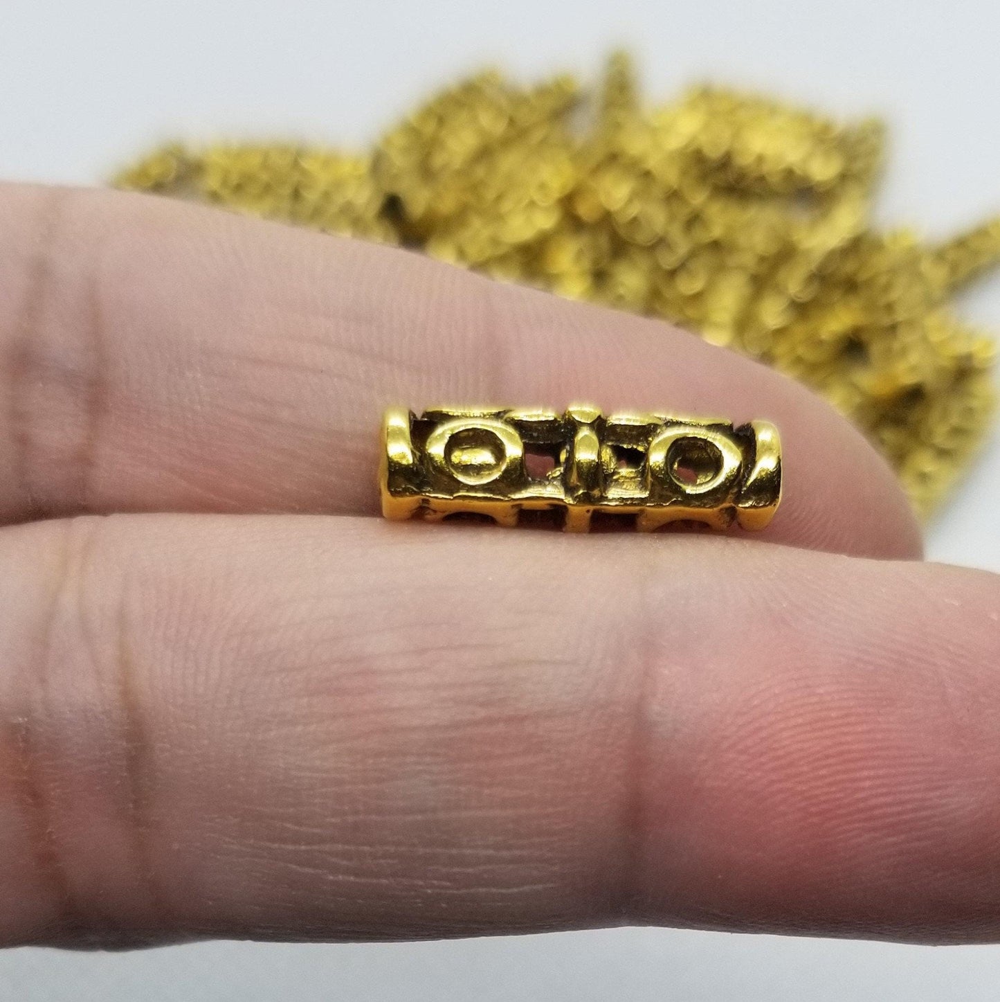 5 pcs Golden Column with Open Metalwork, Tibetan Style, Cadmium, Lead Free, Column, Antique Golden Color, 18x7mm, Large Hole 3mm