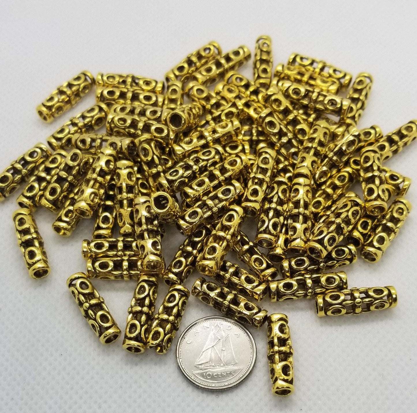 5 pcs Golden Column with Open Metalwork, Tibetan Style, Cadmium, Lead Free, Column, Antique Golden Color, 18x7mm, Large Hole 3mm