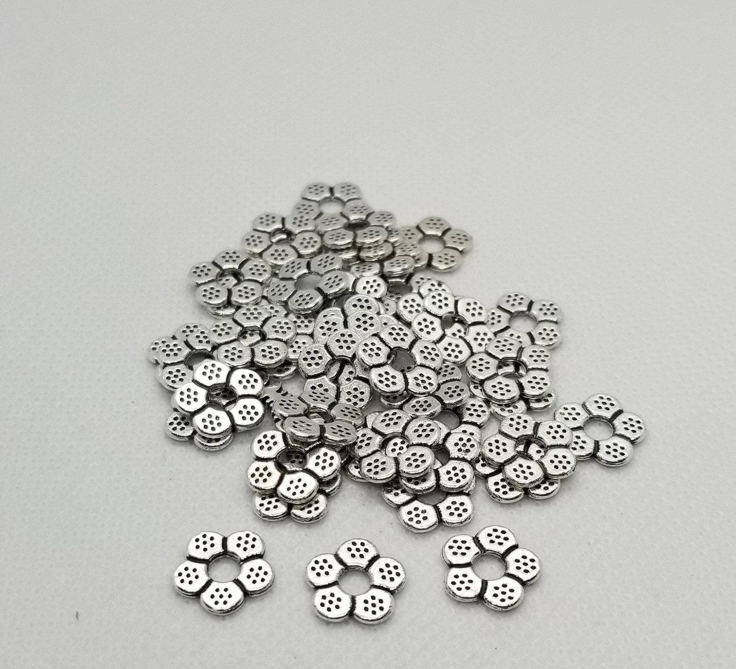 20 pieces Flower Spacer Beads, Tibetan Style Alloy, Lead, Nickel Free, Flower Shape, Antique Silver or Gold, 12x13x1mm, Hole 3.5mm