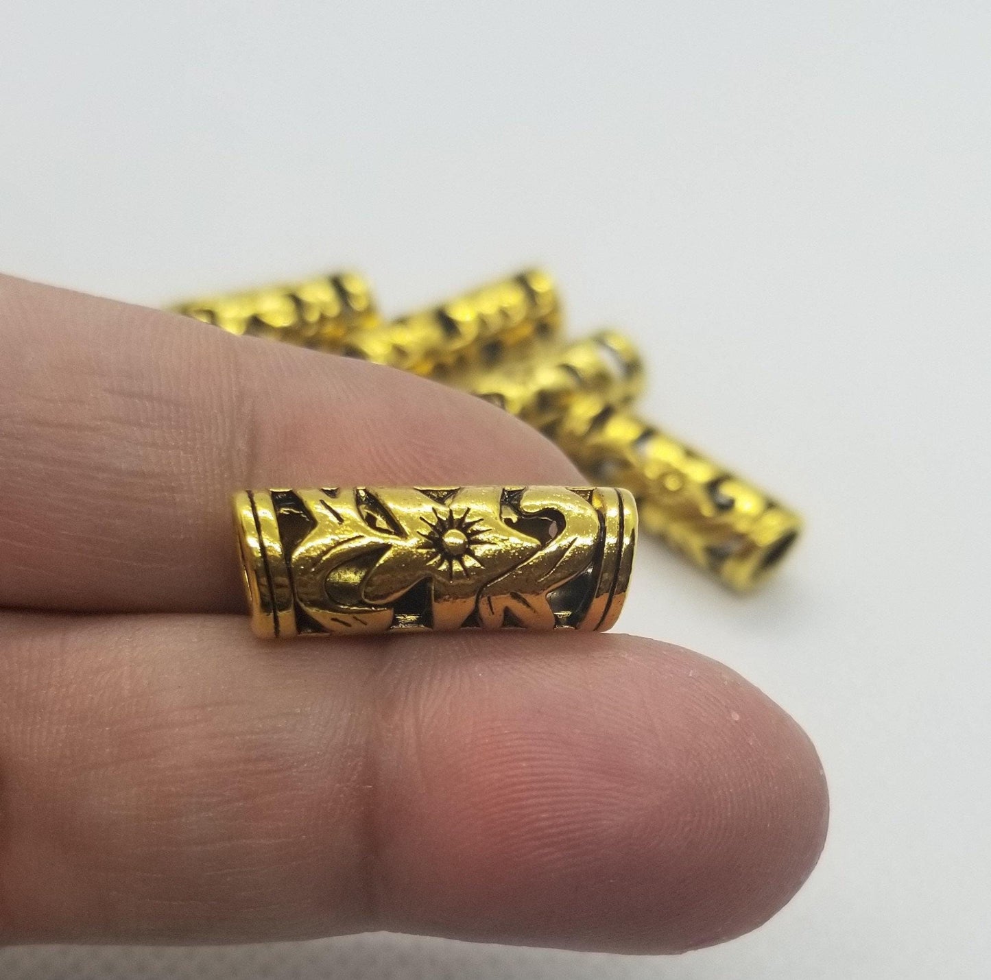 5 pcs Antique Gold Hollow Tube Beads, Open Metalwork, Flower, Lead, Cadmium, Nickel Free, 23x8mm, large hole 5mm, dread lock beard beads