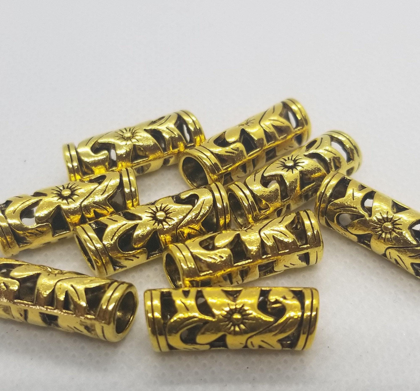 5 pcs Antique Gold Hollow Tube Beads, Open Metalwork, Flower, Lead, Cadmium, Nickel Free, 23x8mm, large hole 5mm, dread lock beard beads