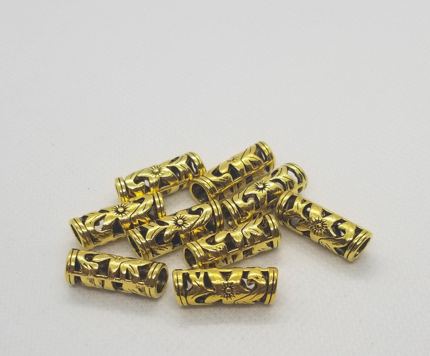 5 pcs Antique Gold Hollow Tube Beads, Open Metalwork, Flower, Lead, Cadmium, Nickel Free, 23x8mm, large hole 5mm, dread lock beard beads