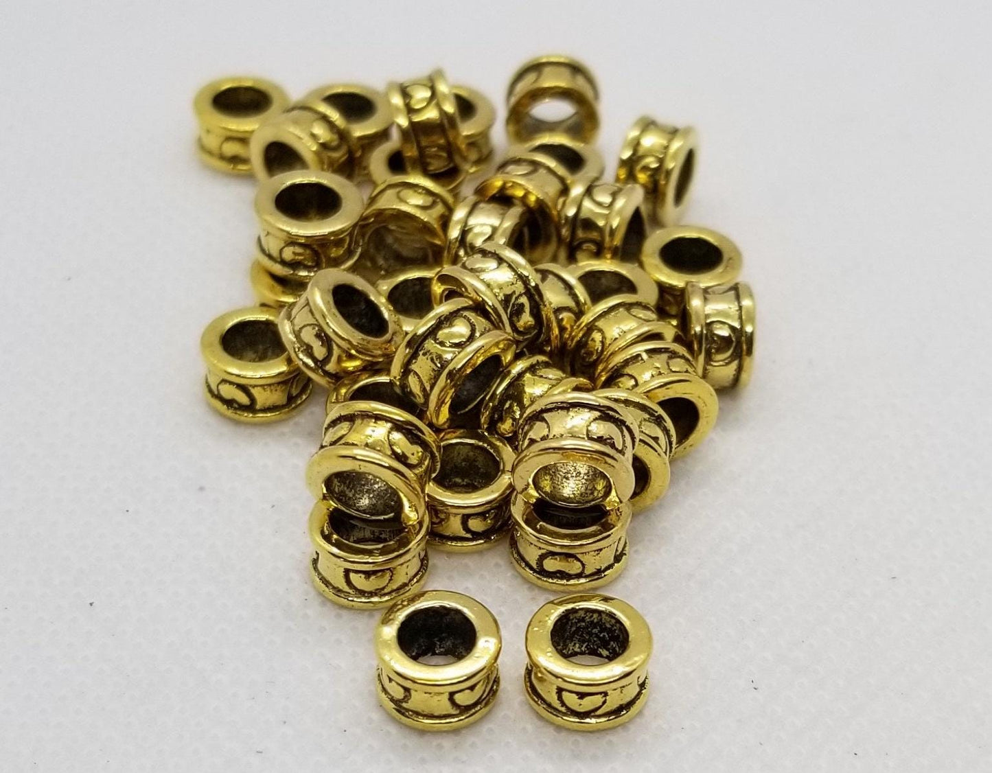 5 pieces Golden Column with Heart Spacer Bead, Tibetan Style Alloy, Large Hole Beads, Lead, Cadmium, Nickel Free, 8x4.5mm, Hole 5.5mm