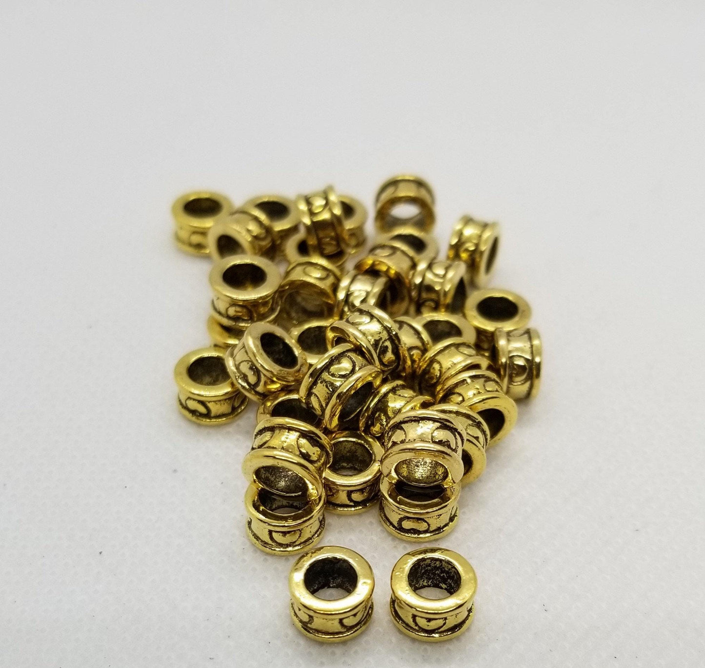 5 pieces Golden Column with Heart Spacer Bead, Tibetan Style Alloy, Large Hole Beads, Lead, Cadmium, Nickel Free, 8x4.5mm, Hole 5.5mm