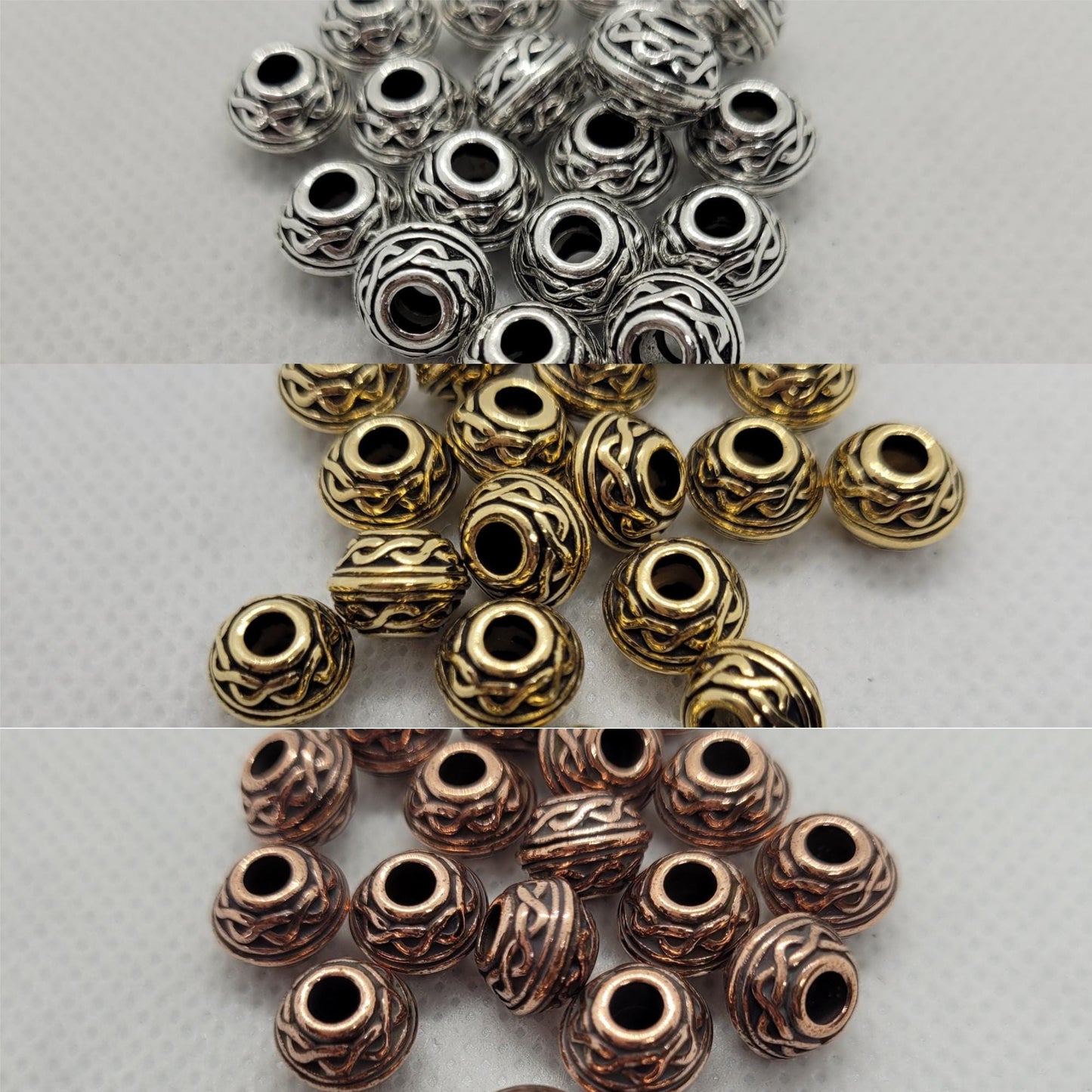 Celtic Barrel Beads, Tierra Cast, 5 pcs, Gold or Copper, 8x6mm, Large Hole 3mm, Lead Cadmium Nickel Free, Hypo Allergenic