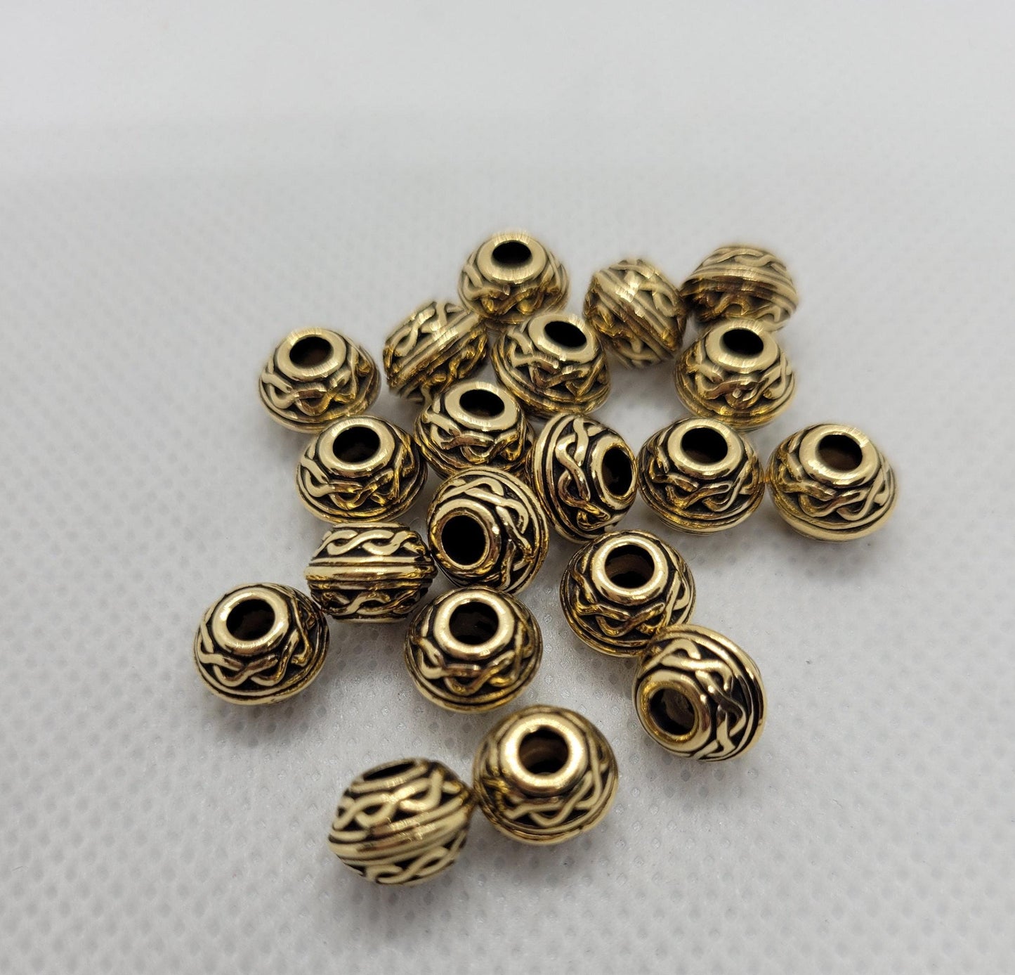 Celtic Barrel Beads, Tierra Cast, 5 pcs, Gold or Copper, 8x6mm, Large Hole 3mm, Lead Cadmium Nickel Free, Hypo Allergenic