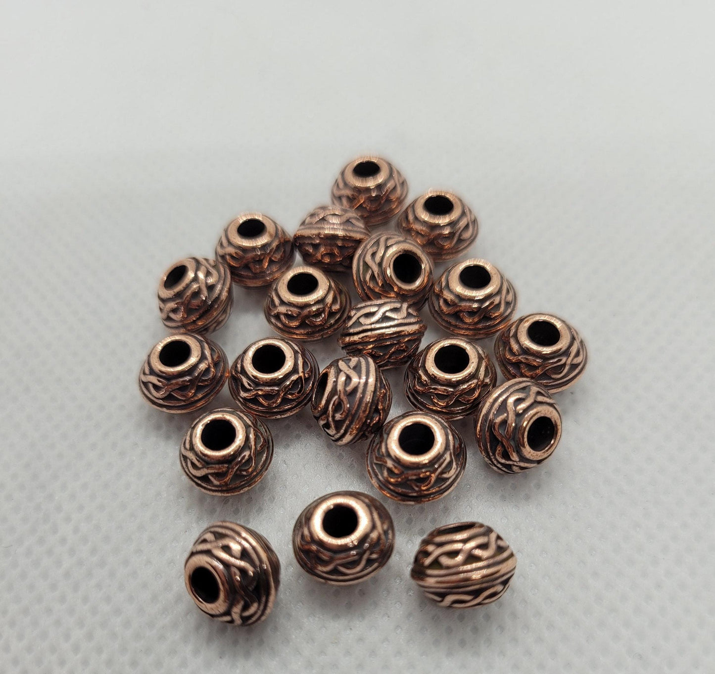 Celtic Barrel Beads, Tierra Cast, 5 pcs, Gold or Copper, 8x6mm, Large Hole 3mm, Lead Cadmium Nickel Free, Hypo Allergenic