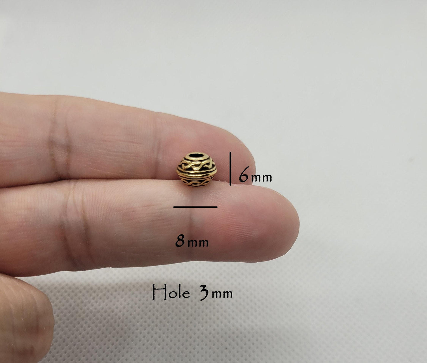 Celtic Barrel Beads, Tierra Cast, 5 pcs, Gold or Copper, 8x6mm, Large Hole 3mm, Lead Cadmium Nickel Free, Hypo Allergenic