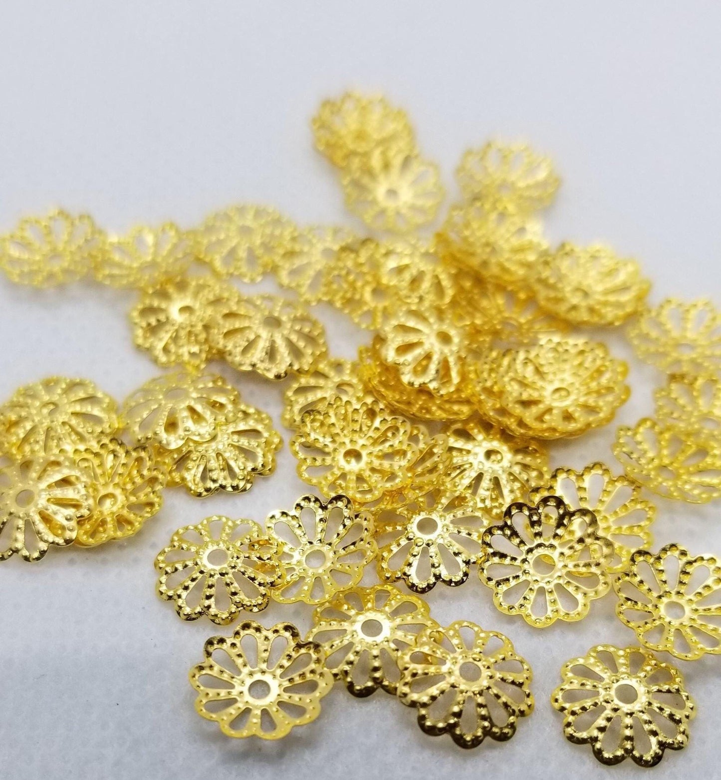50 pieces Gold tone Filigree Bead Caps, Cord Ends, Tassel Caps, Flower, Golden, 9mm x 1.5mm, hole 1mm, CLEARANCE