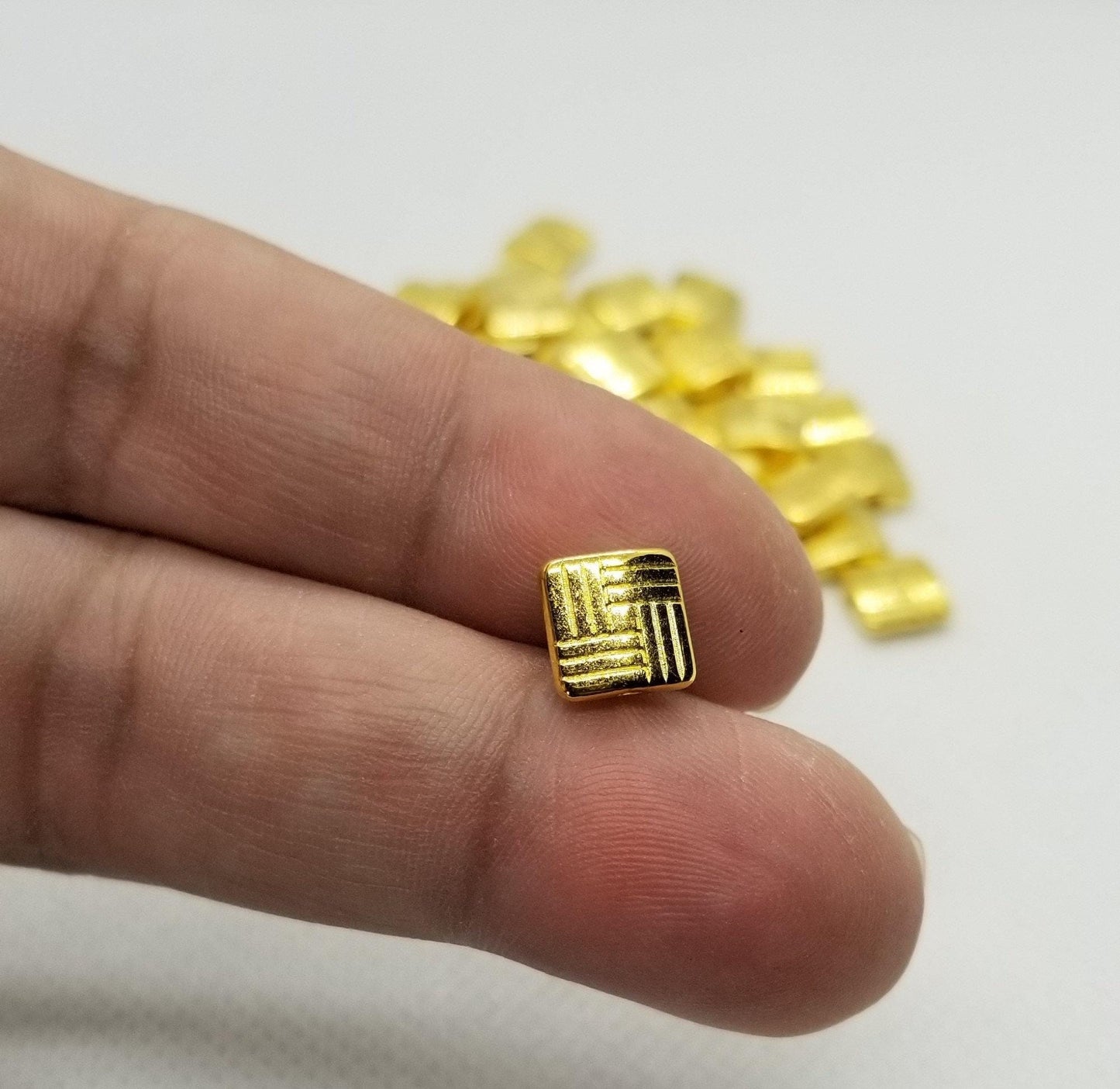 10 pieces Square Golden Spacer Beads, Tibetan Style Alloy, Etched Stripes, Lead Free, 8x8x3mm, Hole 1mm, CLEARANCE