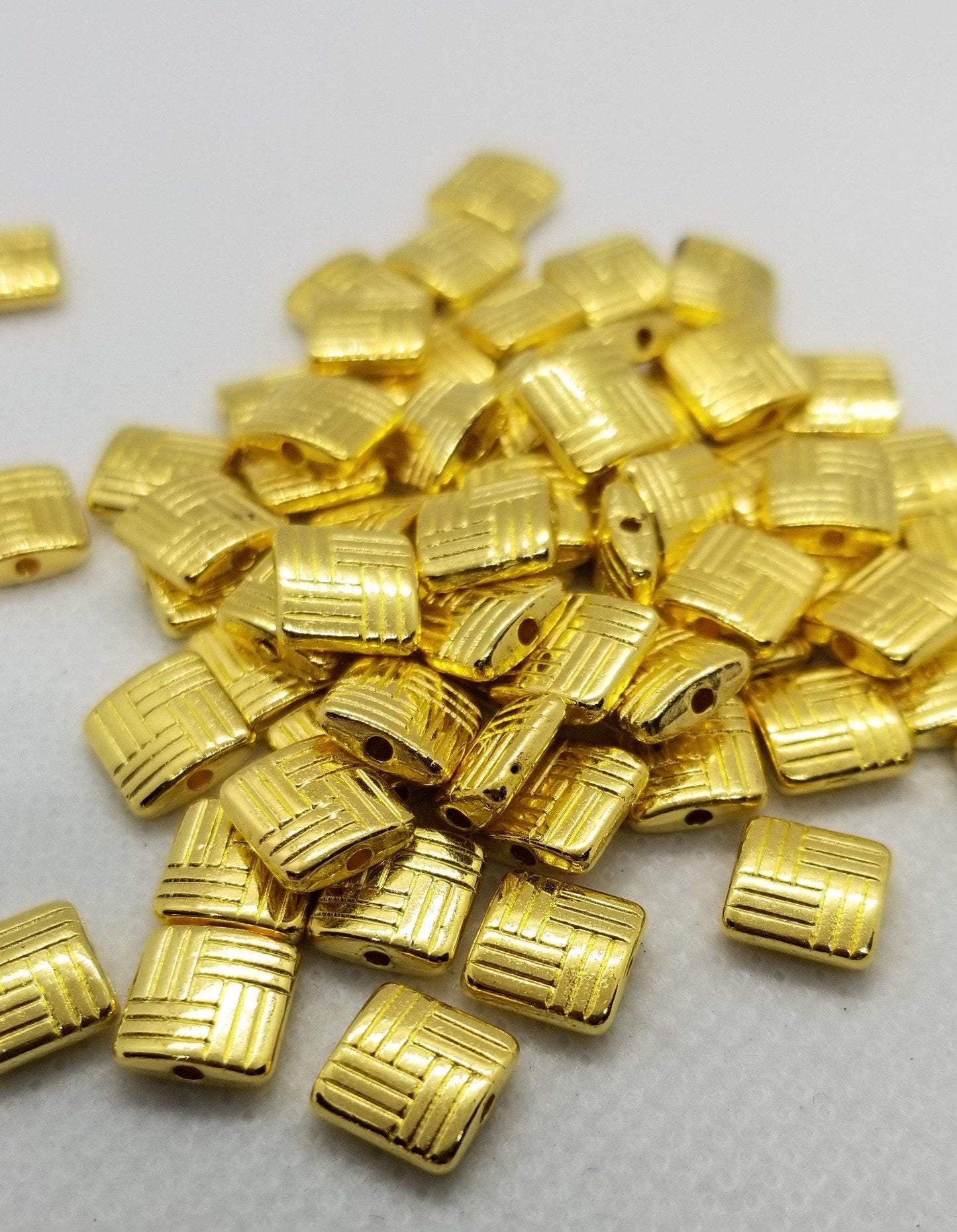10 pieces Square Golden Spacer Beads, Tibetan Style Alloy, Etched Stripes, Lead Free, 8x8x3mm, Hole 1mm, CLEARANCE