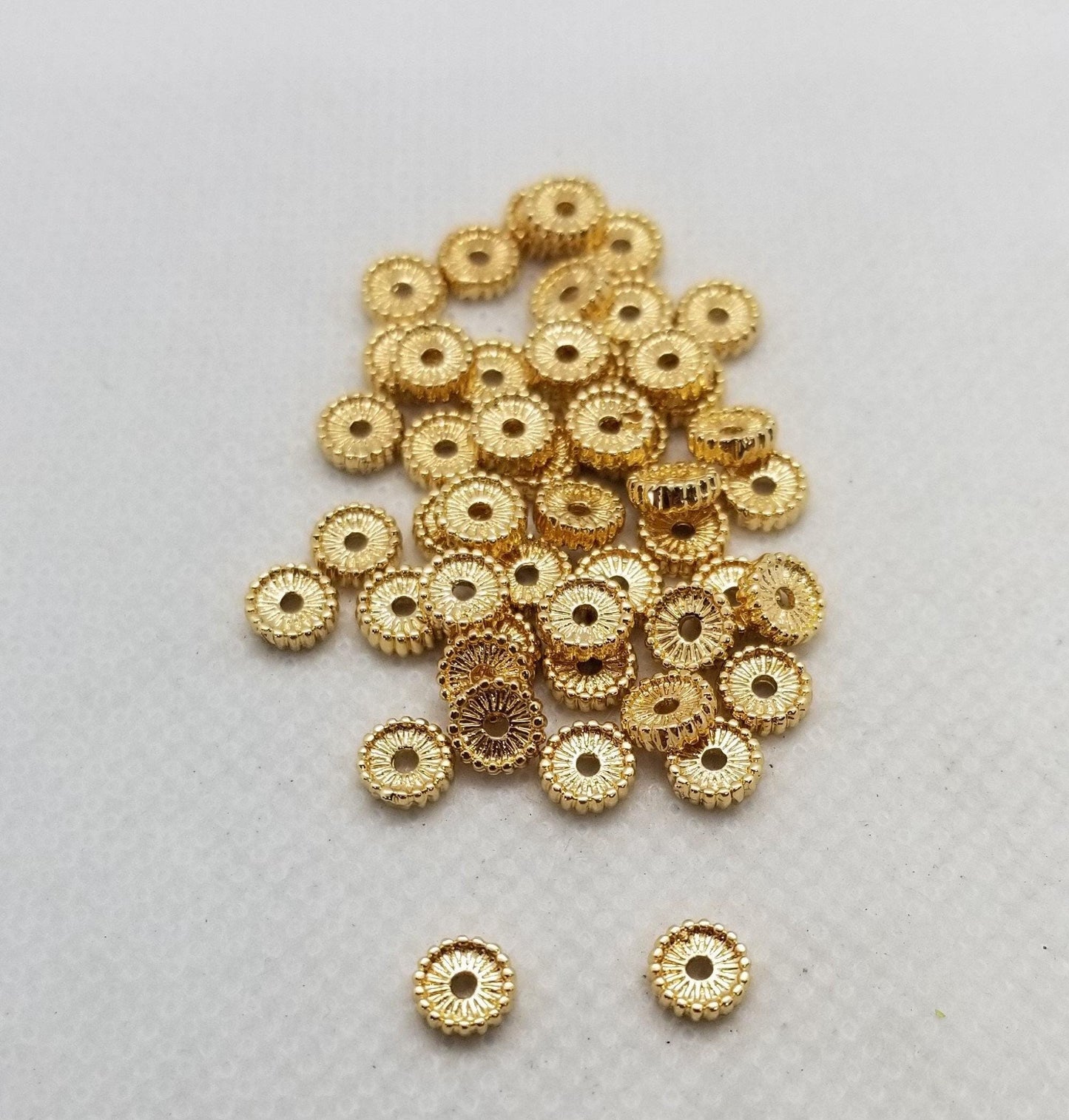 10 pieces Gold or Silver Gear Wheel Spacer Beads, Ridged Edges, Flat Round Spacer Discs, Unique, Small Coin, 5x1.5mm, Hole 1mm