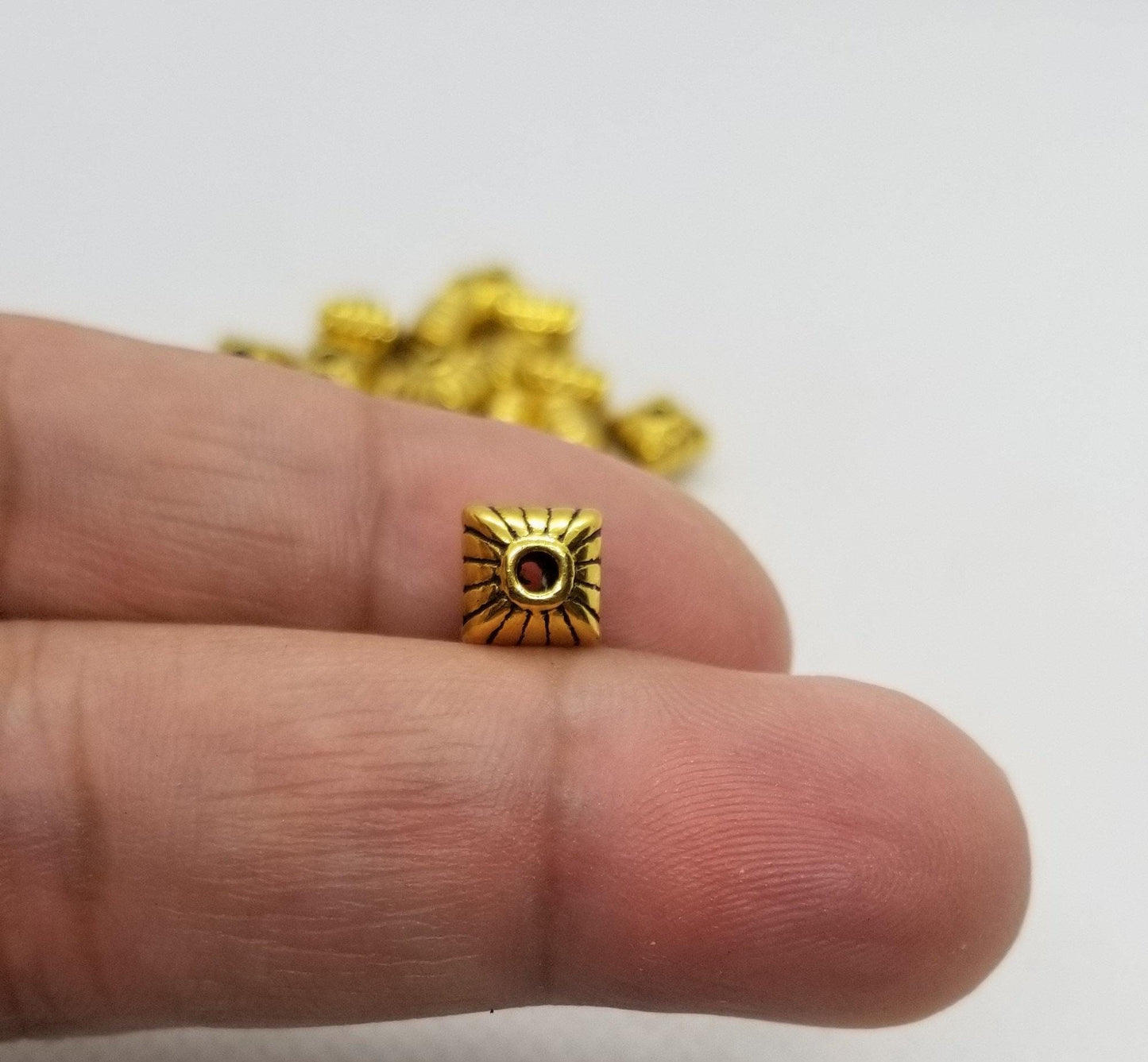10 pieces Golden Puffed Square Spacer Beads, Tibetan Style Alloy, Lead, Cadmium Free, Antique Golden, 7x7x6.5mm, Hole 1mm