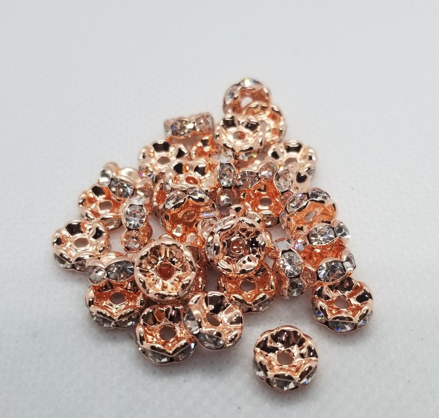 10 pieces Rose Gold Rhinestone Spacers, Grade AAA, Wavy Edge, Nickel Free, Rondelle, Clear Crystal, 8x3.8mm, Hole: 1.5mm