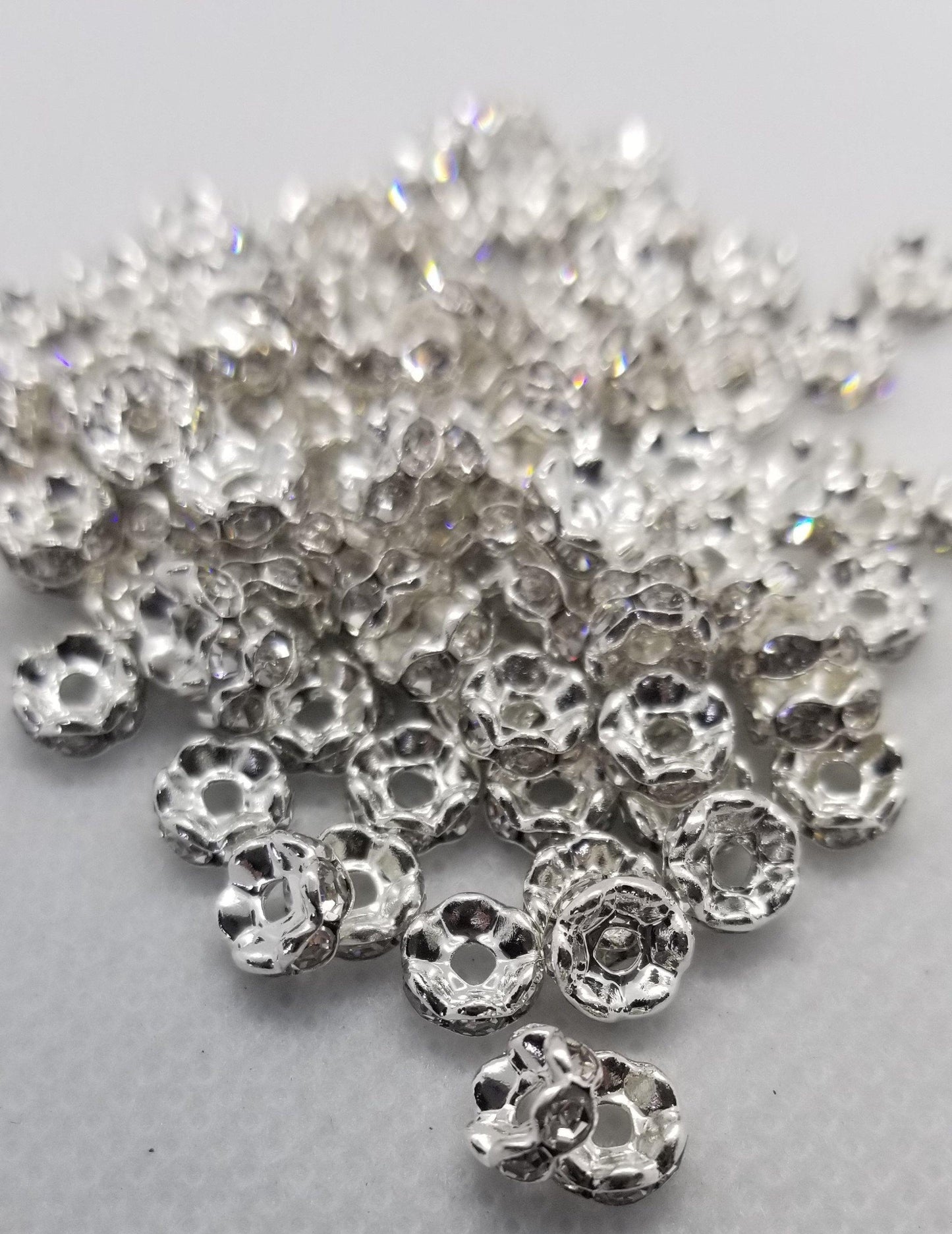 10 pieces Bright Silver Rhinestone Spacers, Shiny Silver, Sparkling Rhinestone, Rondelle, 6mm in diameter, hole 1mm