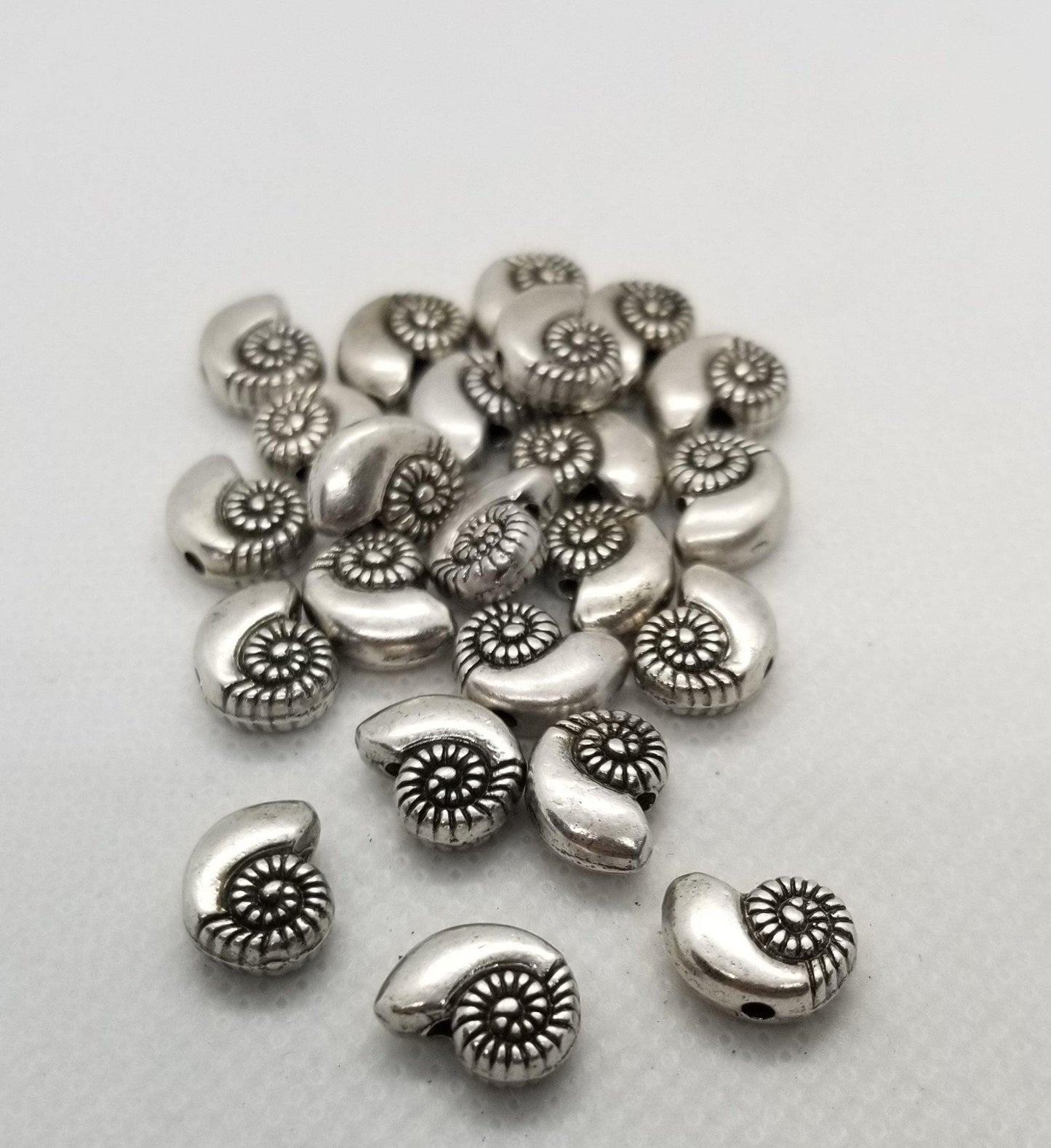 2 pieces Nautilus Shell, Thai Sterling Silver Plated, Ocean Theme, Lead, Nickel, Cadmium Free, 8x11x4.5mm, Hole 1.5mm
