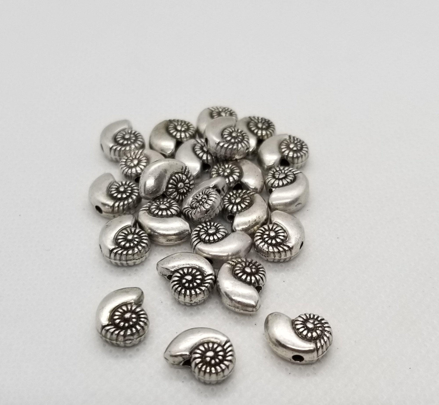 2 pieces Nautilus Shell, Thai Sterling Silver Plated, Ocean Theme, Lead, Nickel, Cadmium Free, 8x11x4.5mm, Hole 1.5mm