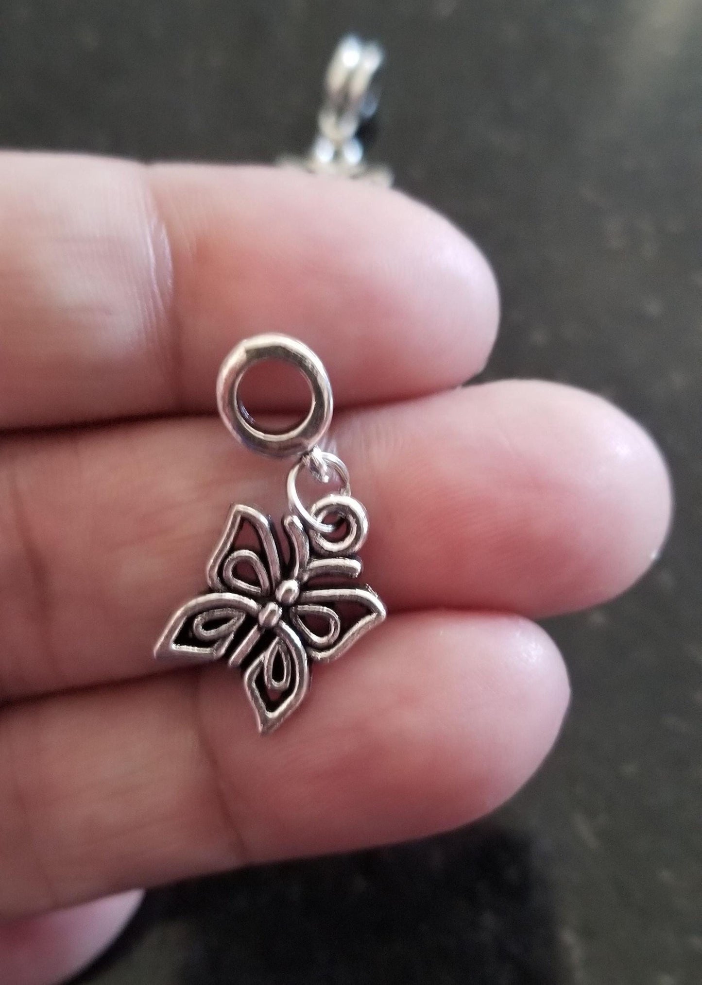 5 pieces Silver filigree butterfly dangle charm, Tibetan style Antique silver, bracelet charm, large hole charm, 27x15mm, Hole 5mm